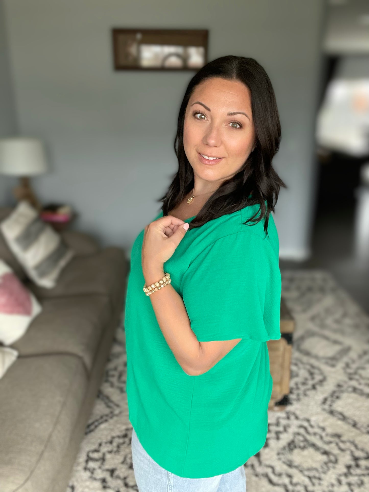 In Your Dreams Emerald Green Flutter Sleeve V Neck Top