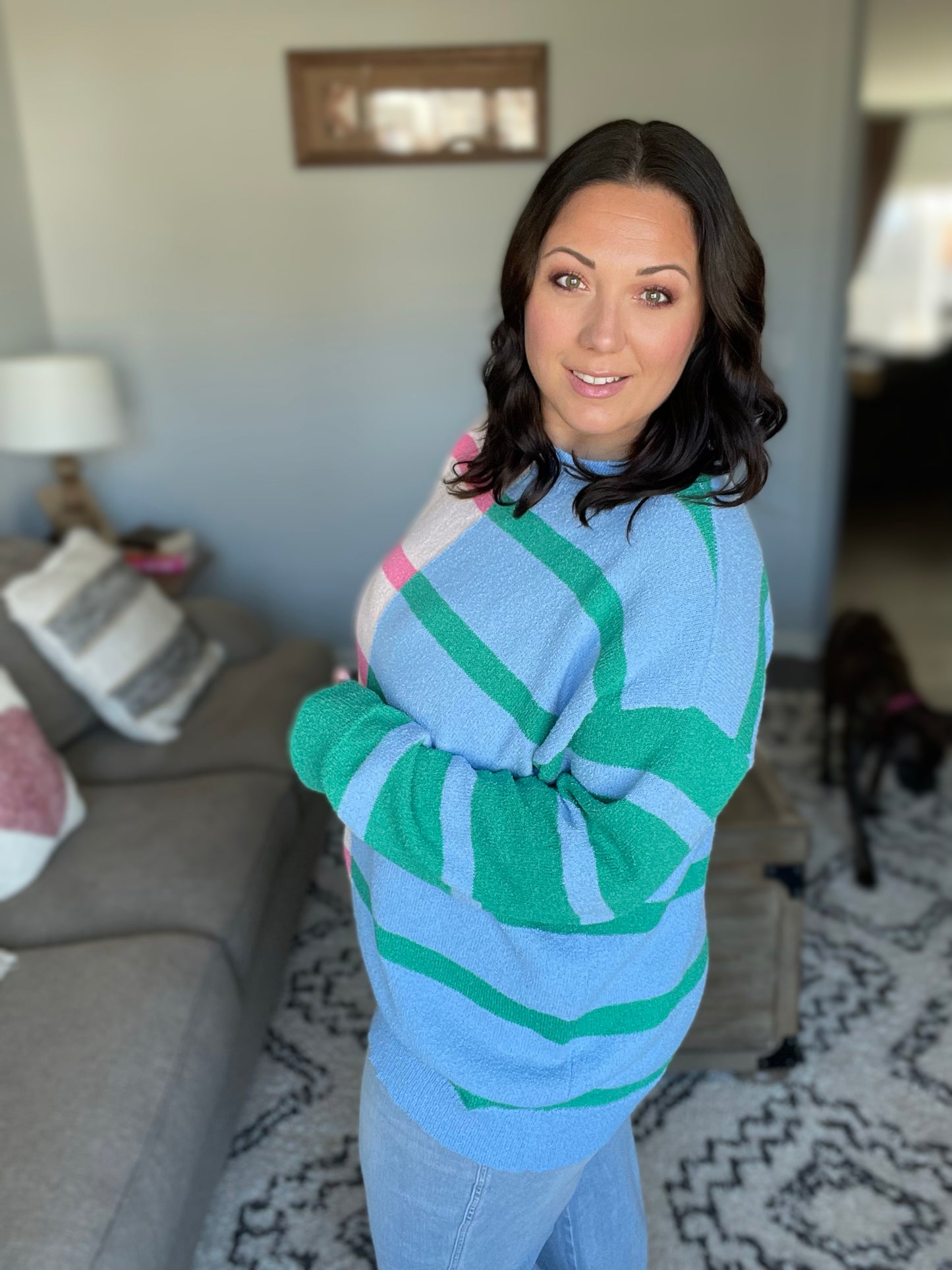 Perfectly Poised Blush & Blue Stripe Color Block Knit Sweater