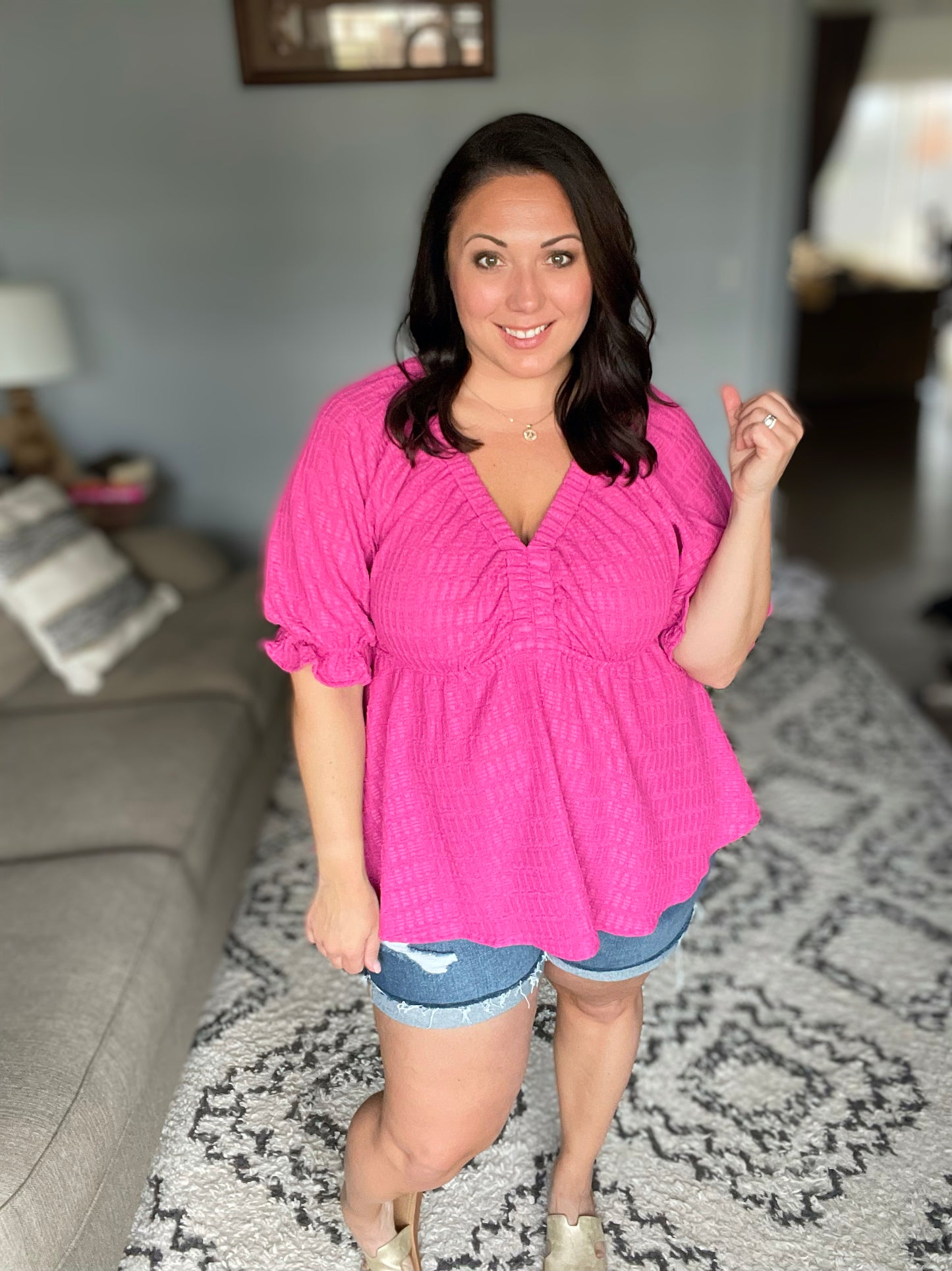 Fuchsia Textured V Neck Babydoll Top