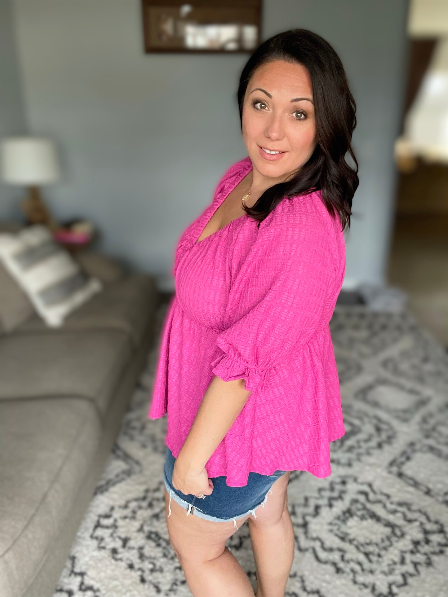 Fuchsia Textured V Neck Babydoll Top