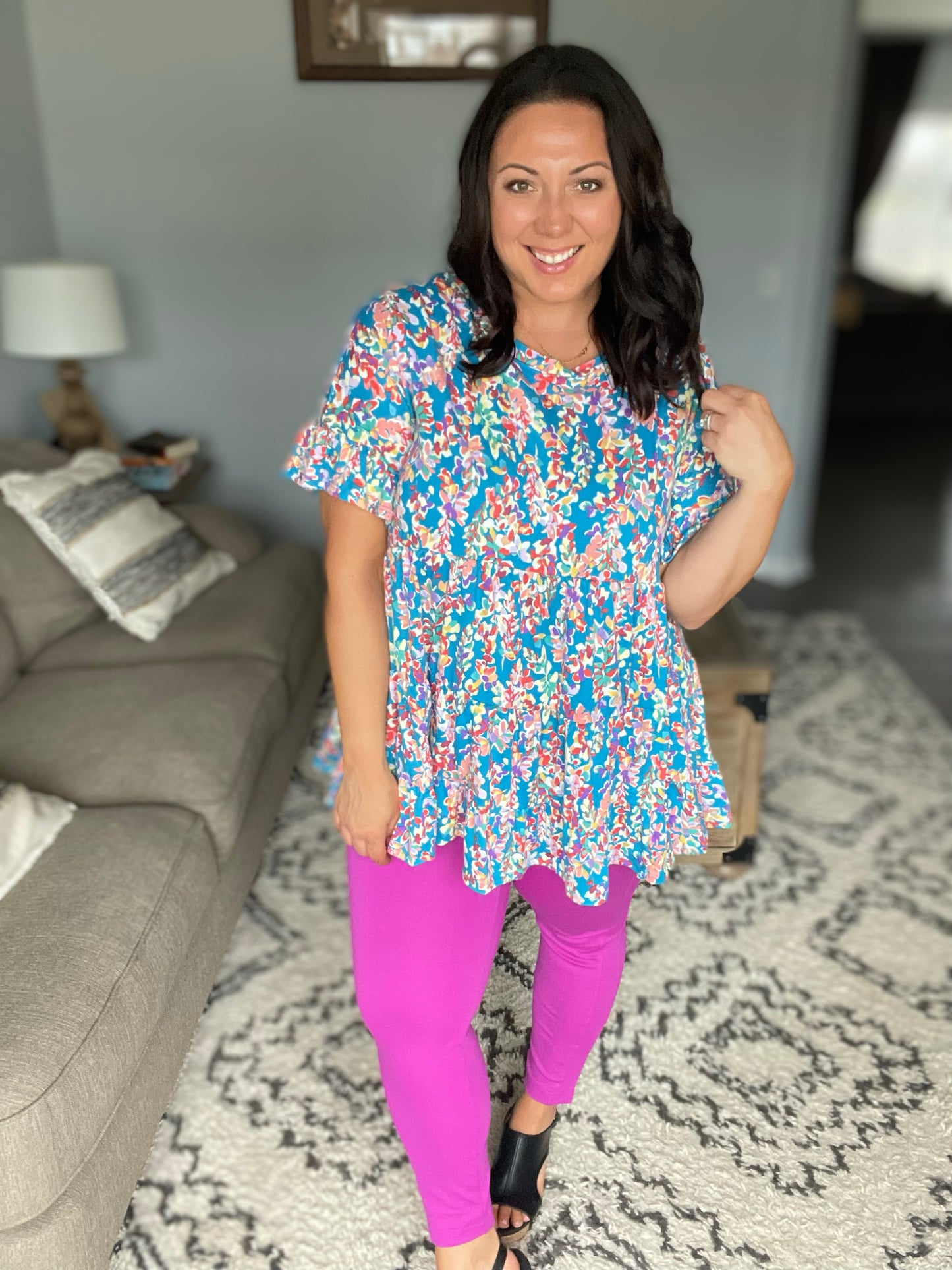 Blue Floral Ruffle Hem Tiered Top