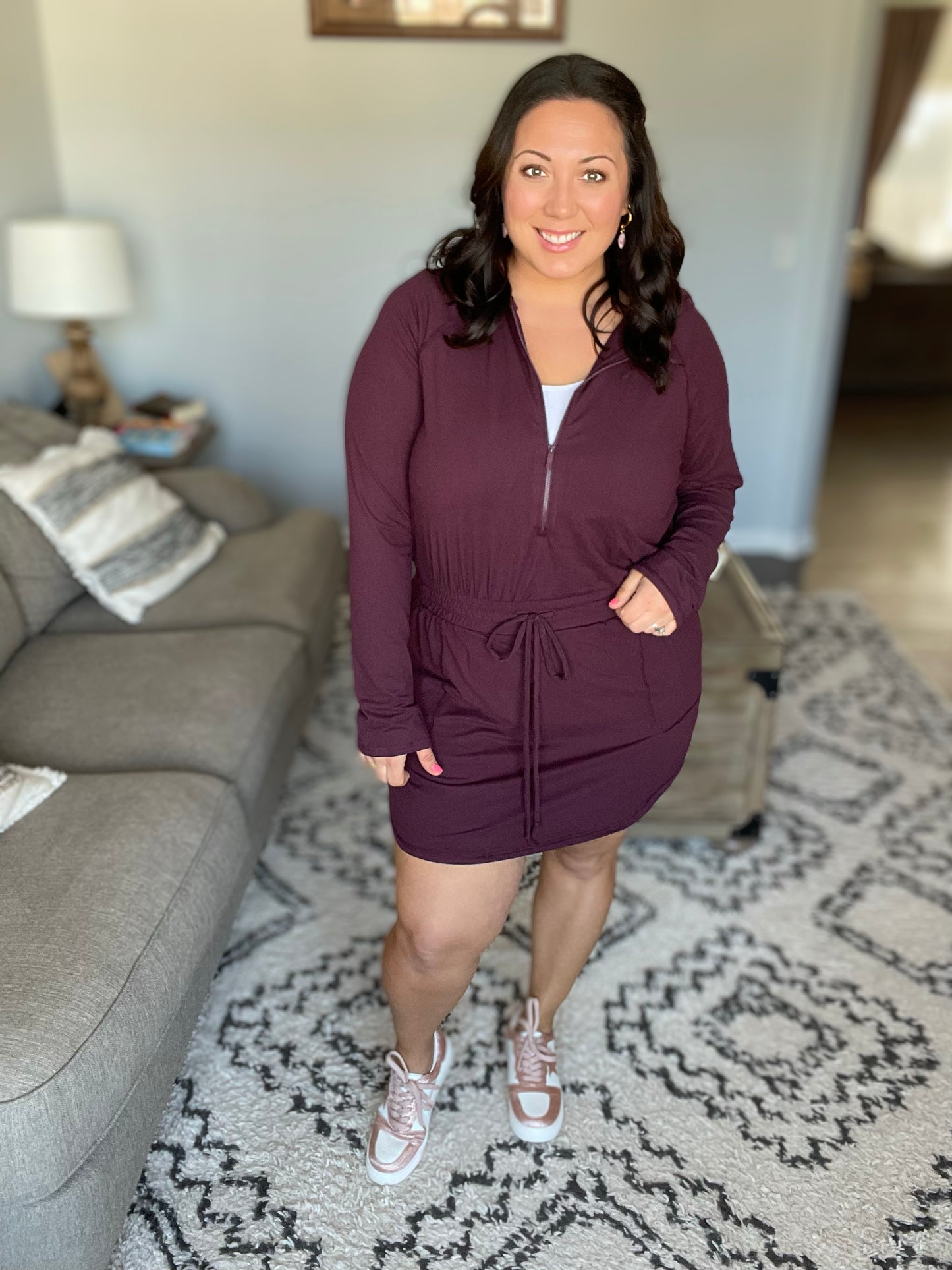 Getting Out Long Sleeve Hoodie Romper in Wine