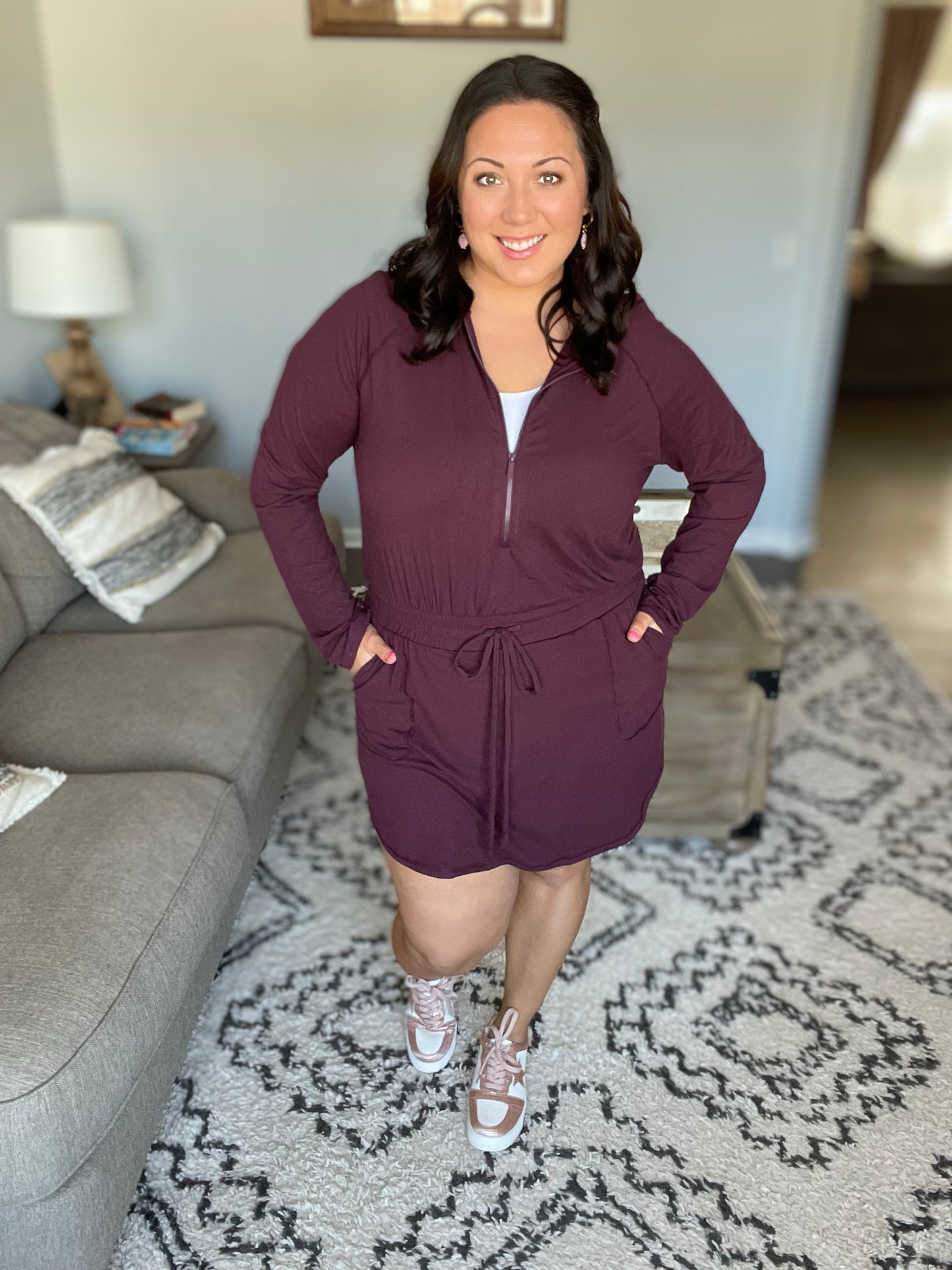 Getting Out Long Sleeve Hoodie Romper in Wine