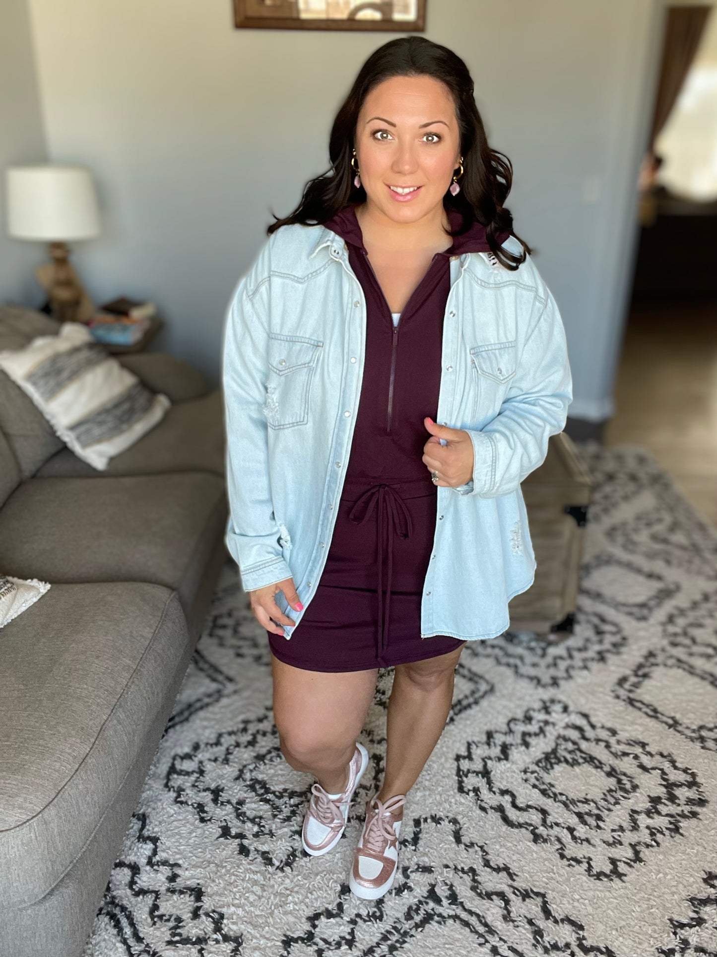 Getting Out Long Sleeve Hoodie Romper in Wine