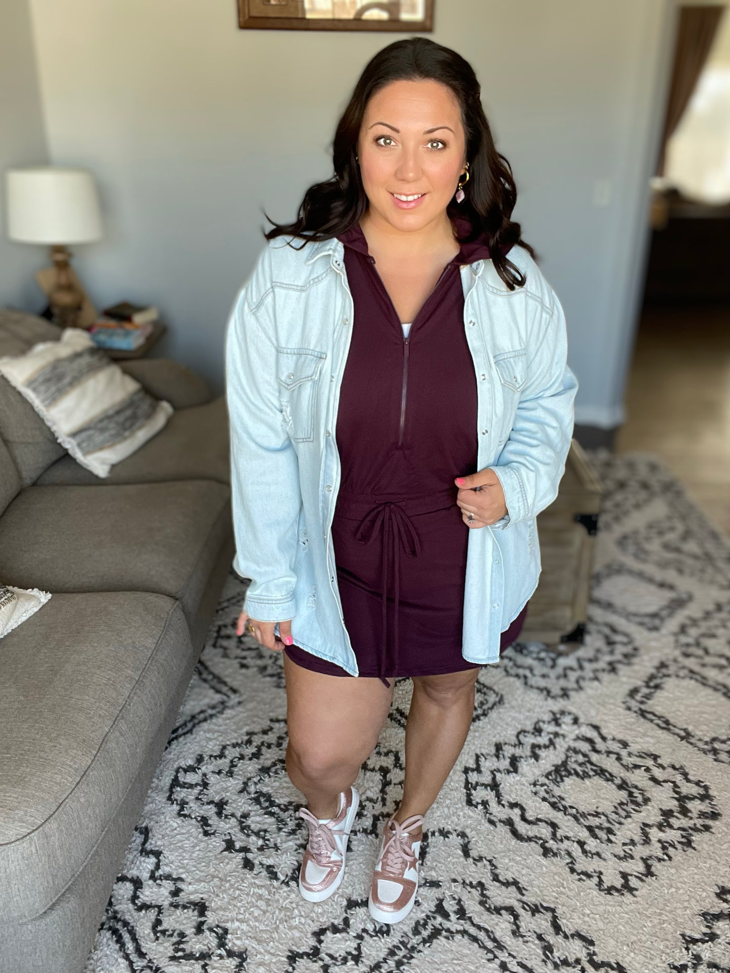 Getting Out Long Sleeve Hoodie Romper in Wine