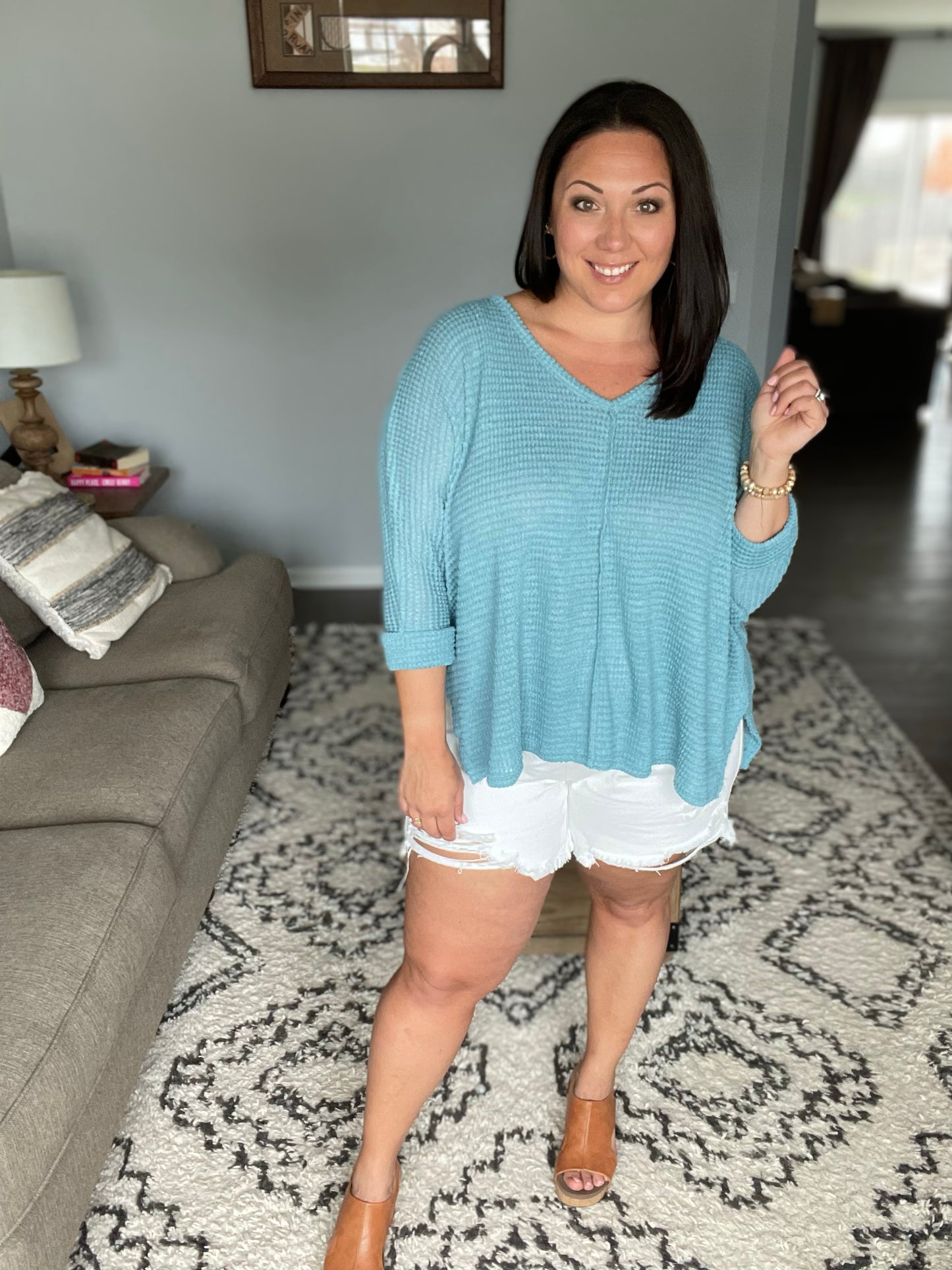 Just My Type Dusty Teal Hi-Low V Neck Sweater