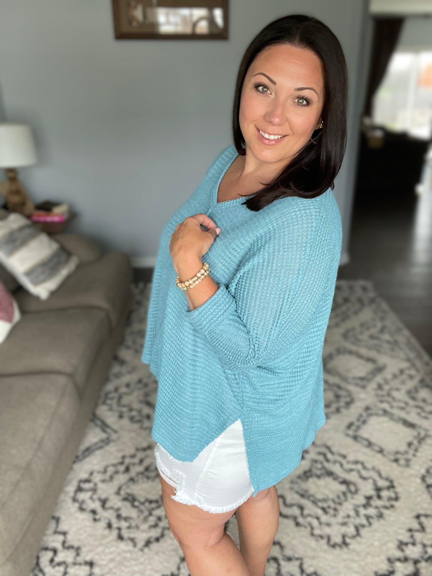 Just My Type Dusty Teal Hi-Low V Neck Sweater
