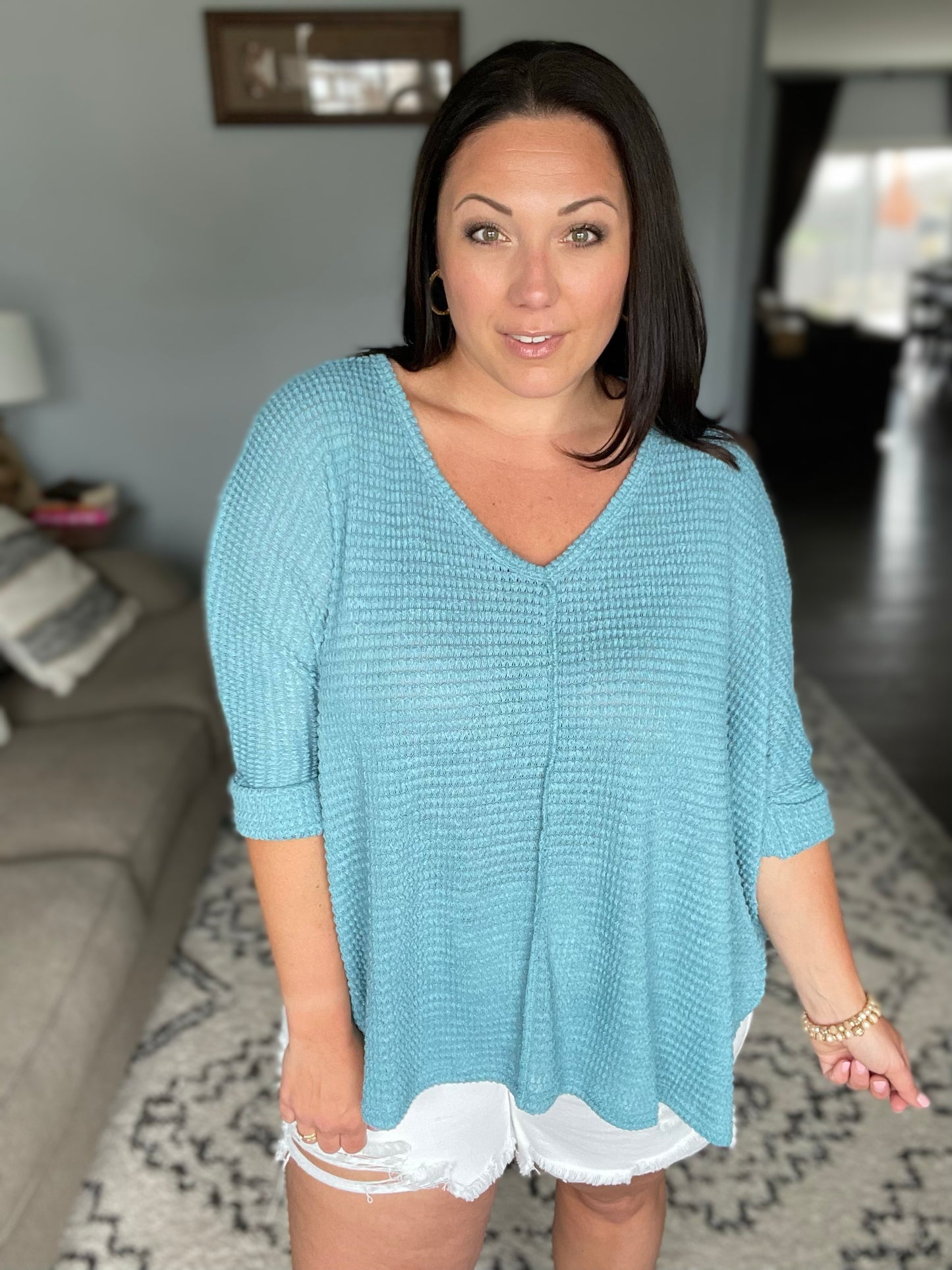 Just My Type Dusty Teal Hi-Low V Neck Sweater