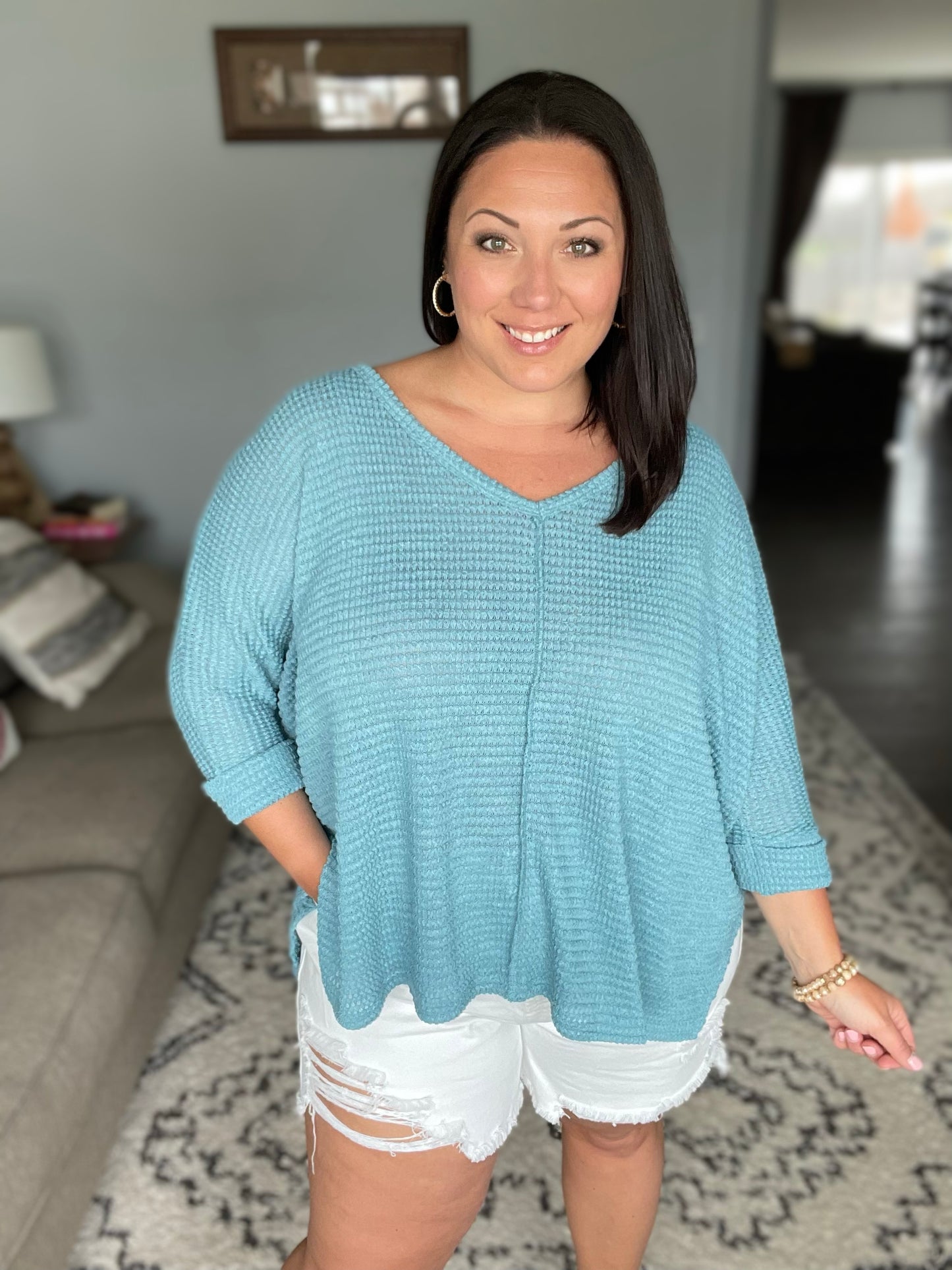 Just My Type Dusty Teal Hi-Low V Neck Sweater