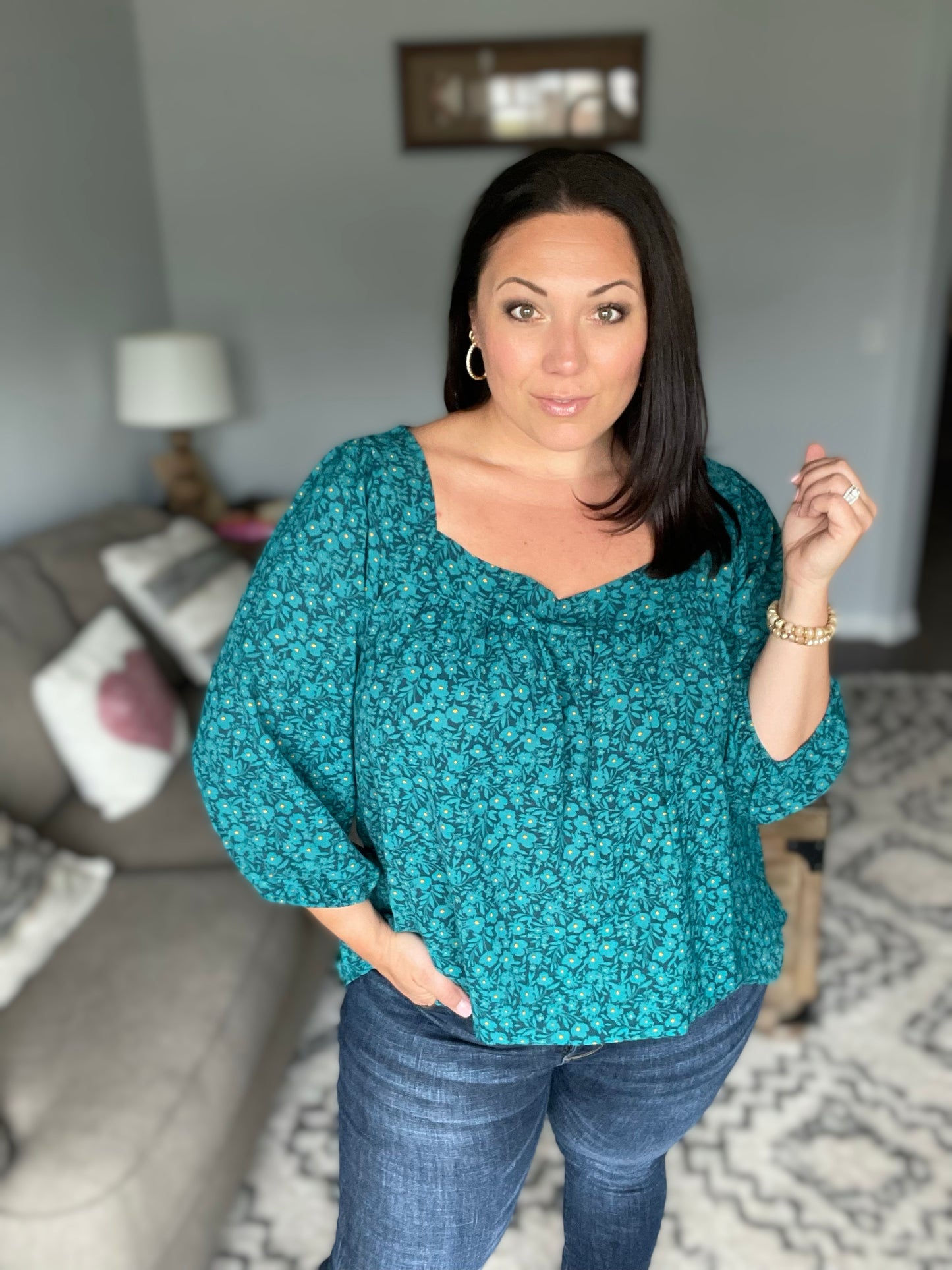 Perfectly You Teal Floral Three Quarter Sleeve Square Neck Top