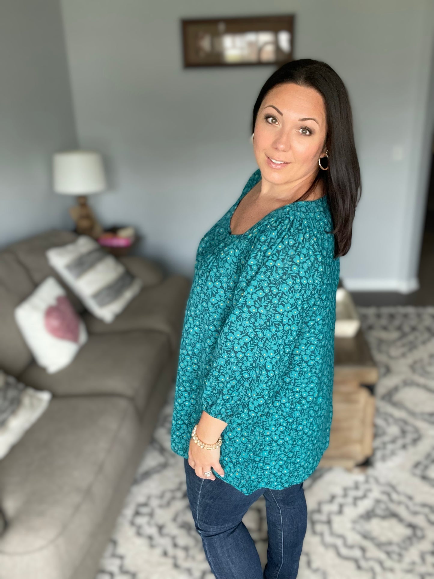 Perfectly You Teal Floral Three Quarter Sleeve Square Neck Top