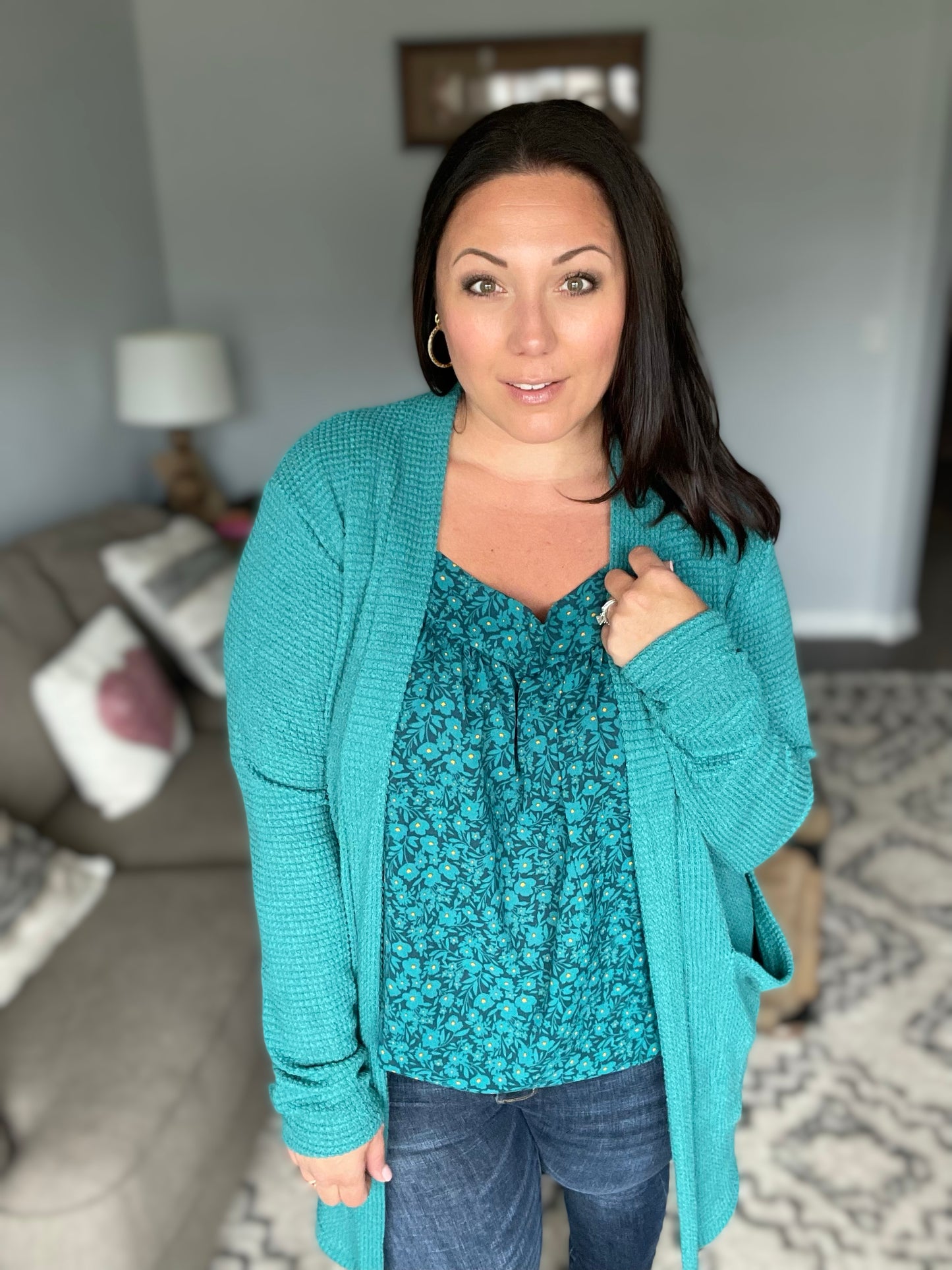 Perfectly You Teal Floral Three Quarter Sleeve Square Neck Top