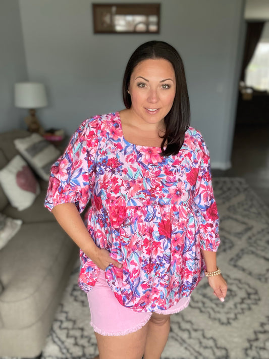 Feeling Femmi Pink & Fuchsia Floral Peplum Woven Top