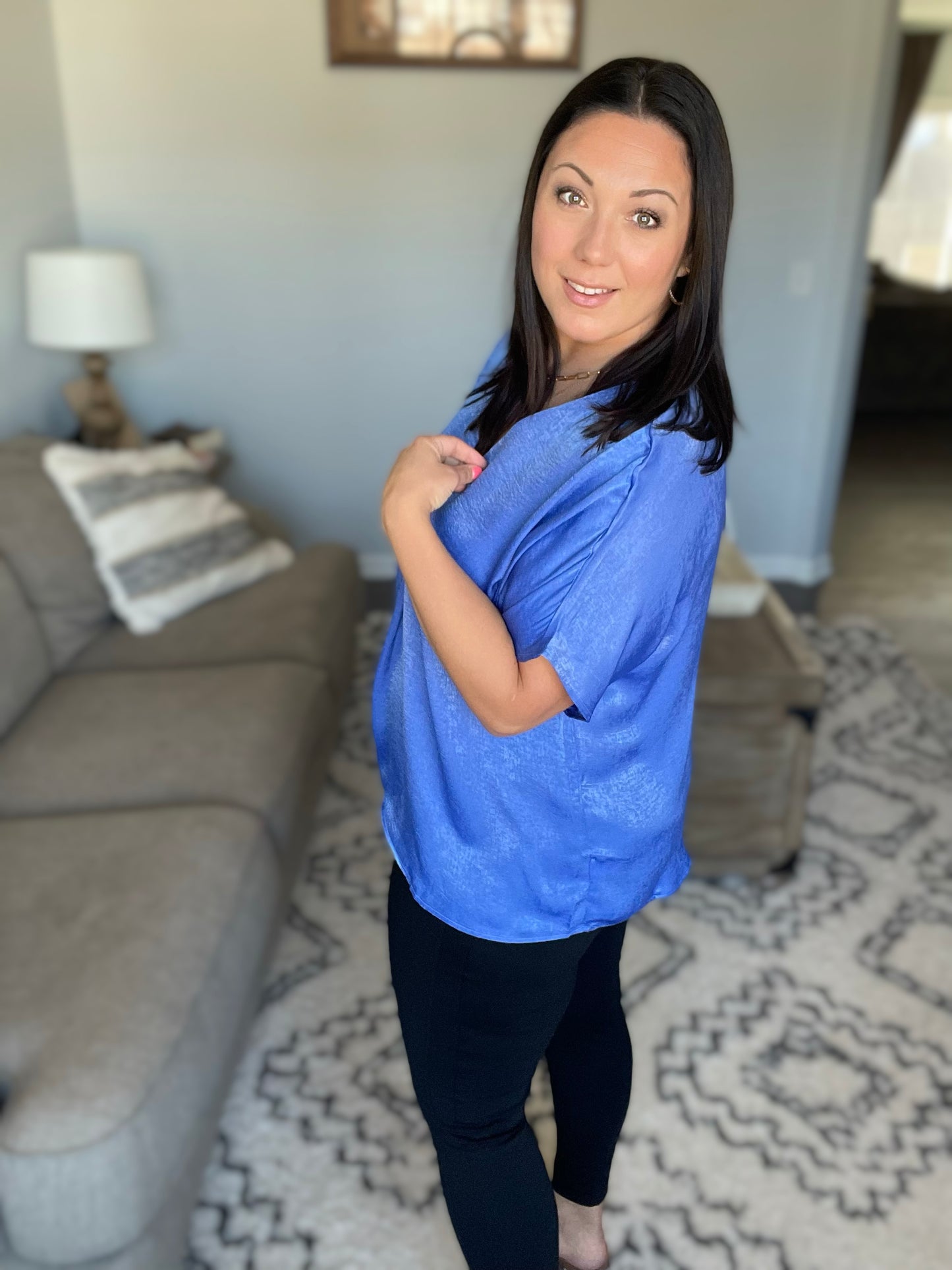 Pleat Front V-Neck Top in Royal Blue