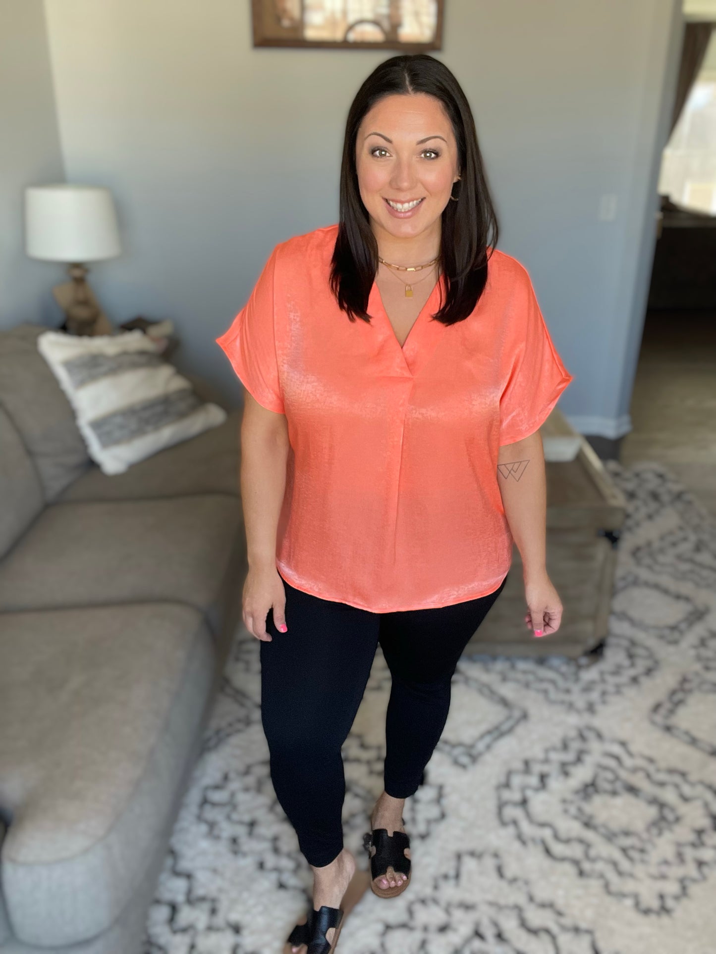 Pleat Front V-Neck Top in Persimmon