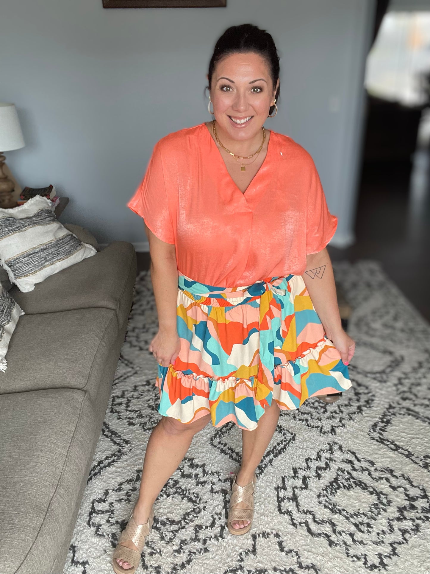 Pleat Front V-Neck Top in Persimmon