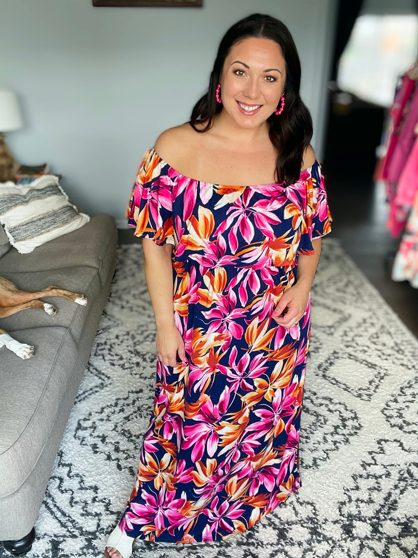 Oakley Off The Shoulder Maxi Dress - Navy Tropical