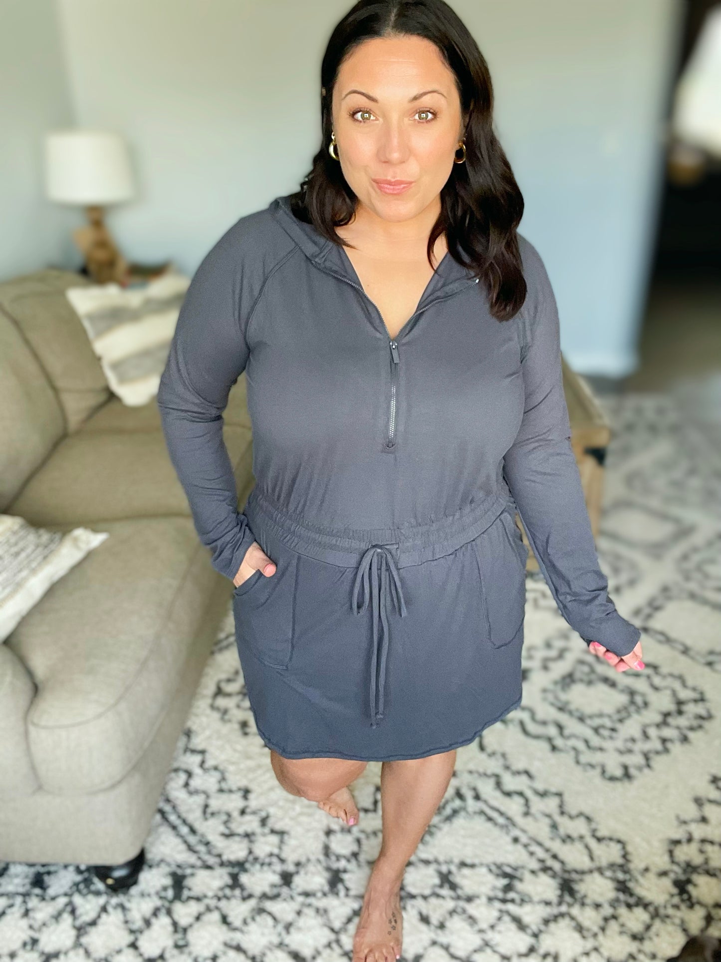 Getting Out Long Sleeve Hoodie Romper in Charcoal