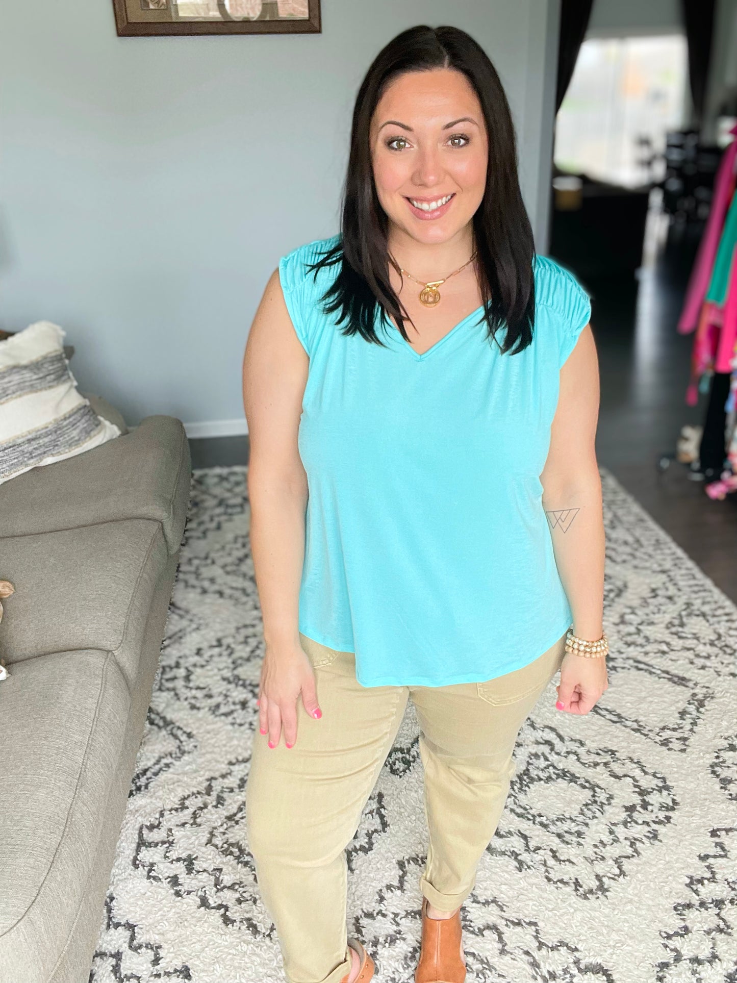 Ruched Cap Sleeve Top in Neon Blue