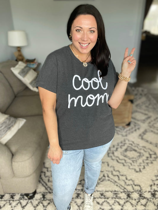 Take A Bow Charcoal "Cool Mom" Embroidery Pop-Up Rib Dolman Top