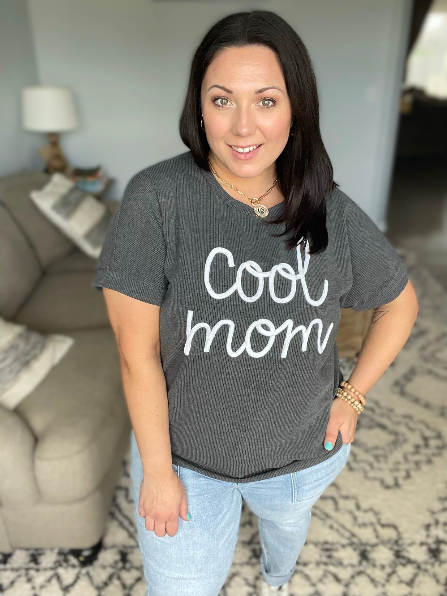 Take A Bow Charcoal "Cool Mom" Embroidery Pop-Up Rib Dolman Top