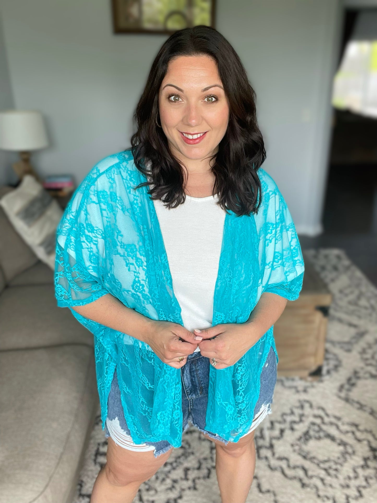 Good Days Ahead Lace Kimono In Teal