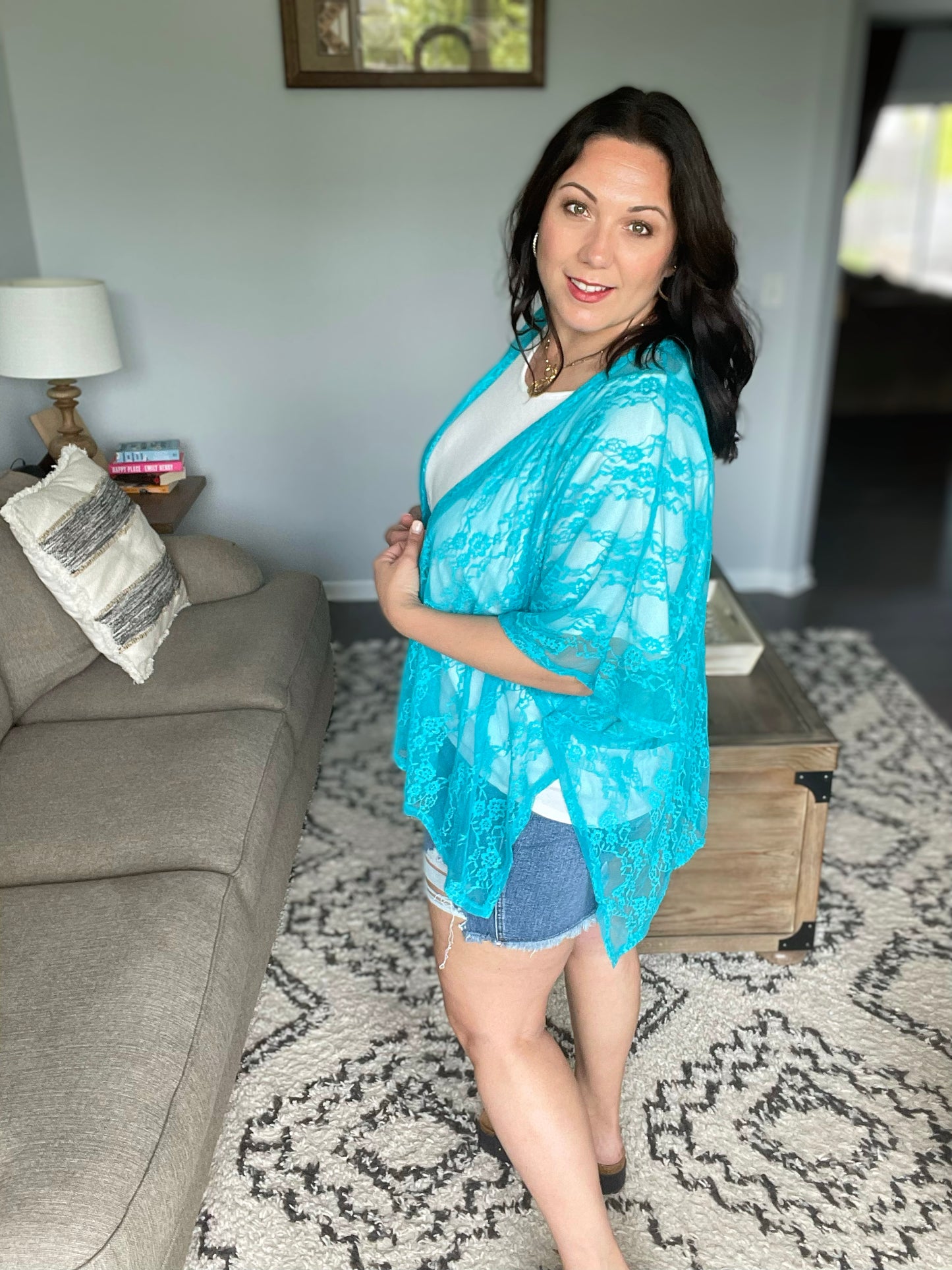 Good Days Ahead Lace Kimono In Teal