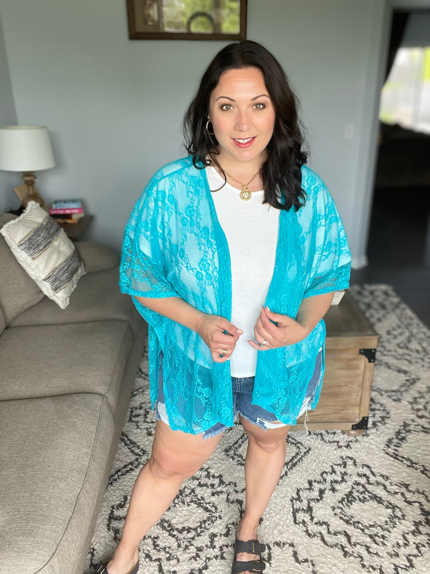 Good Days Ahead Lace Kimono In Teal