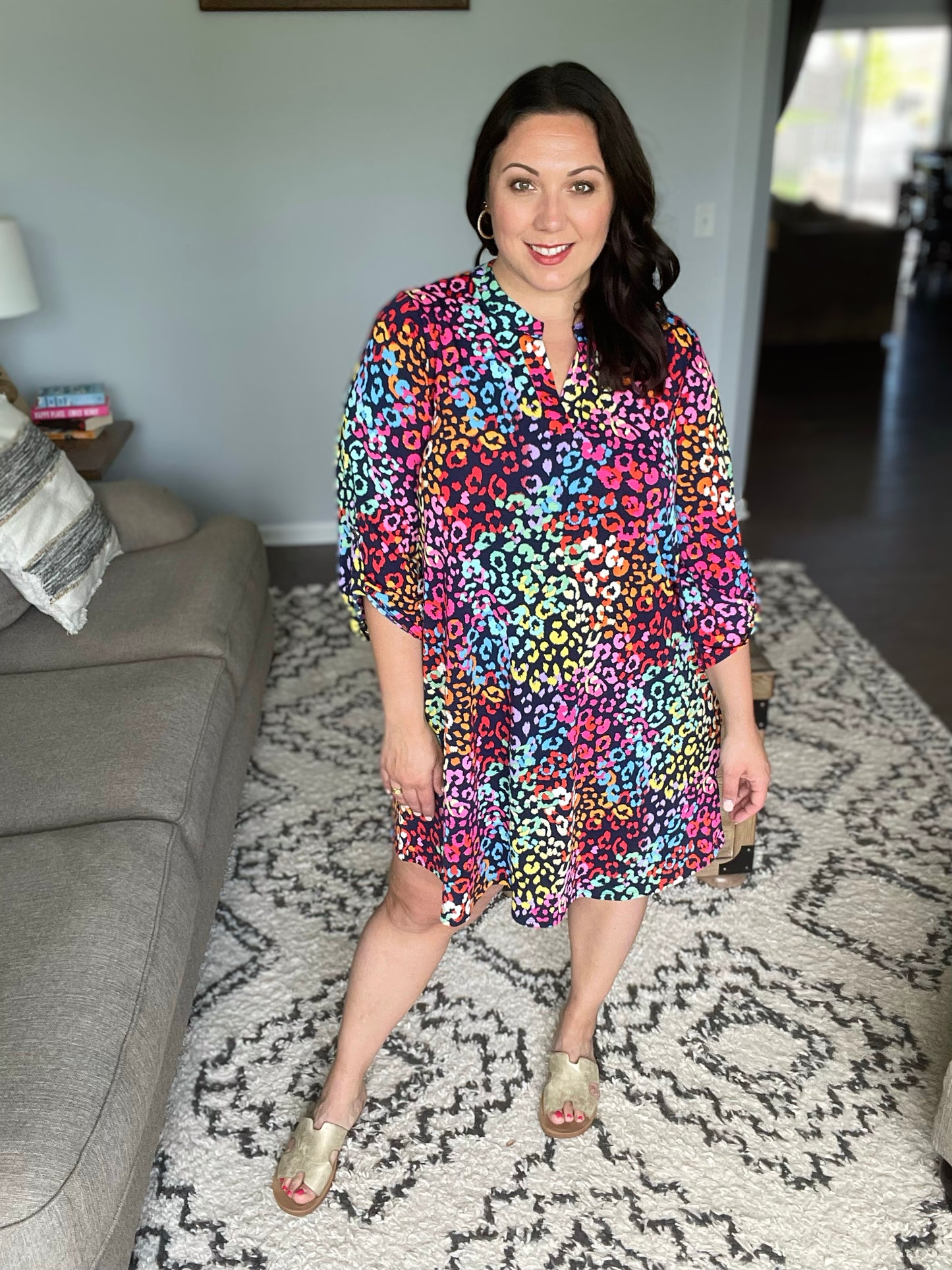 Lizzy Dress in Navy Rainbow Leopard