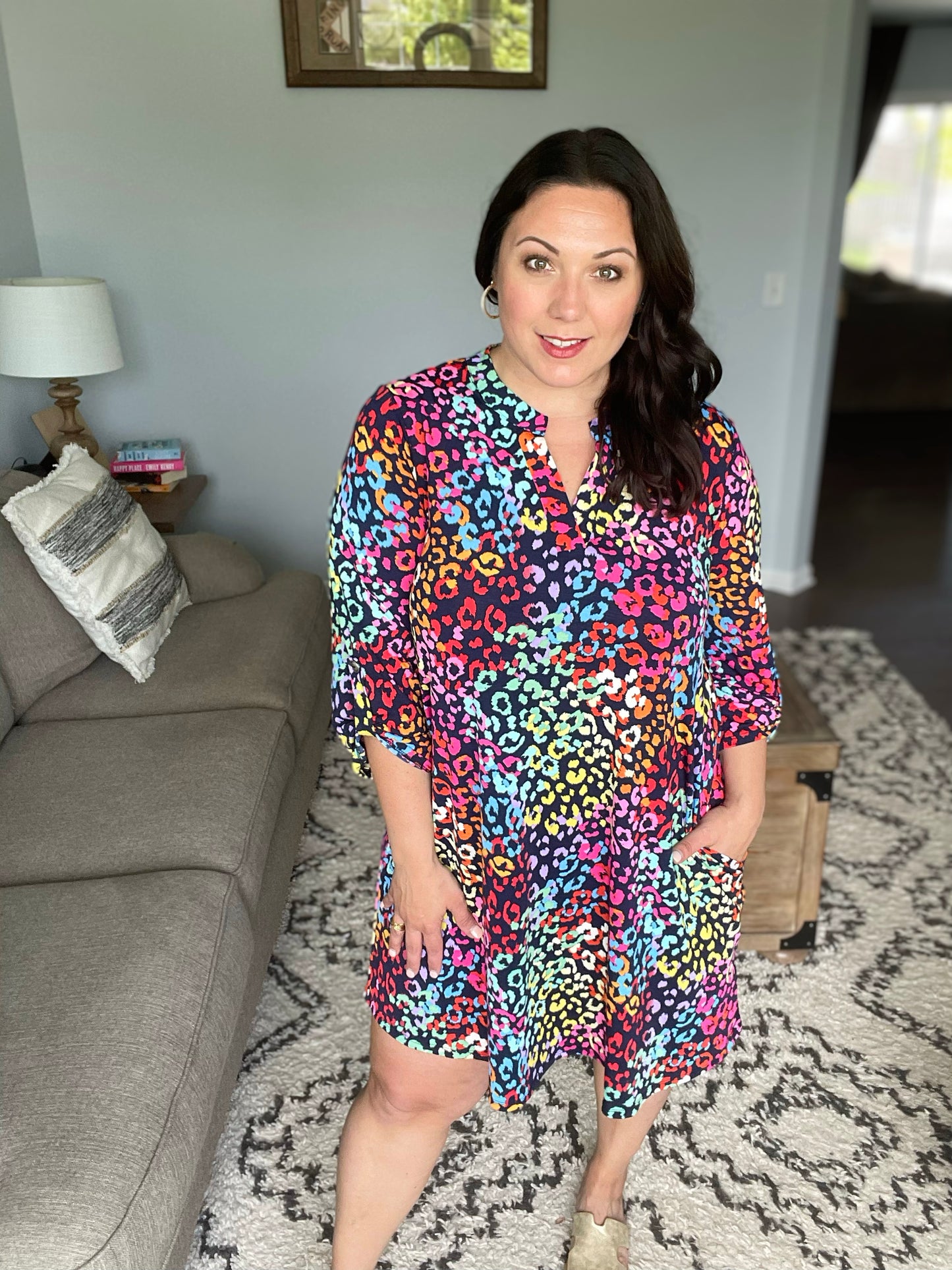 Lizzy Dress in Navy Rainbow Leopard