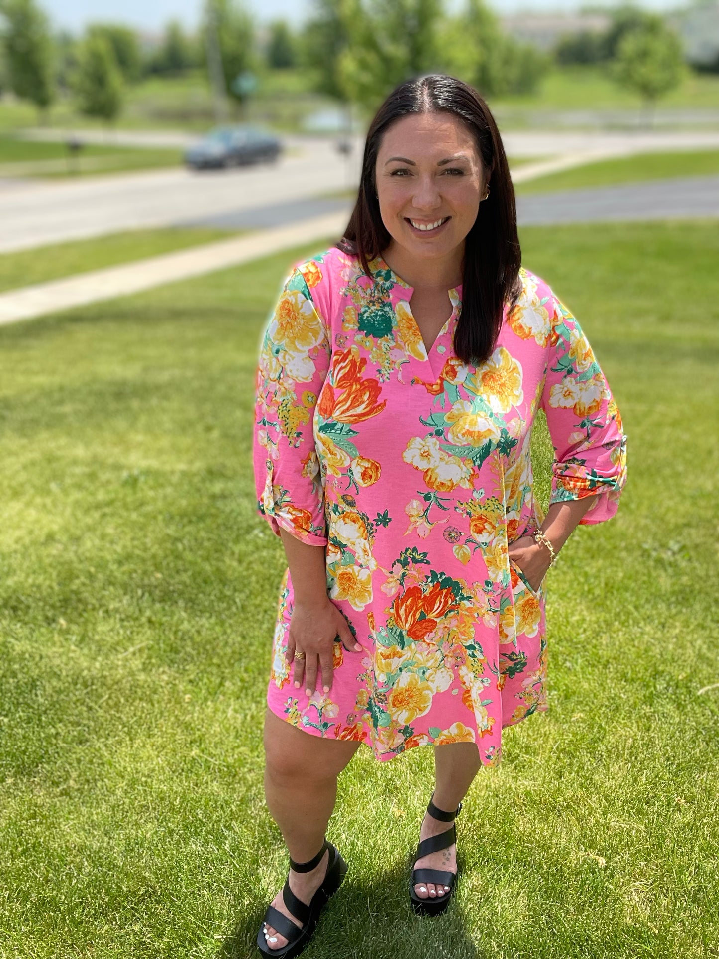 Lizzy Dress in Hot Pink and Yellow Floral