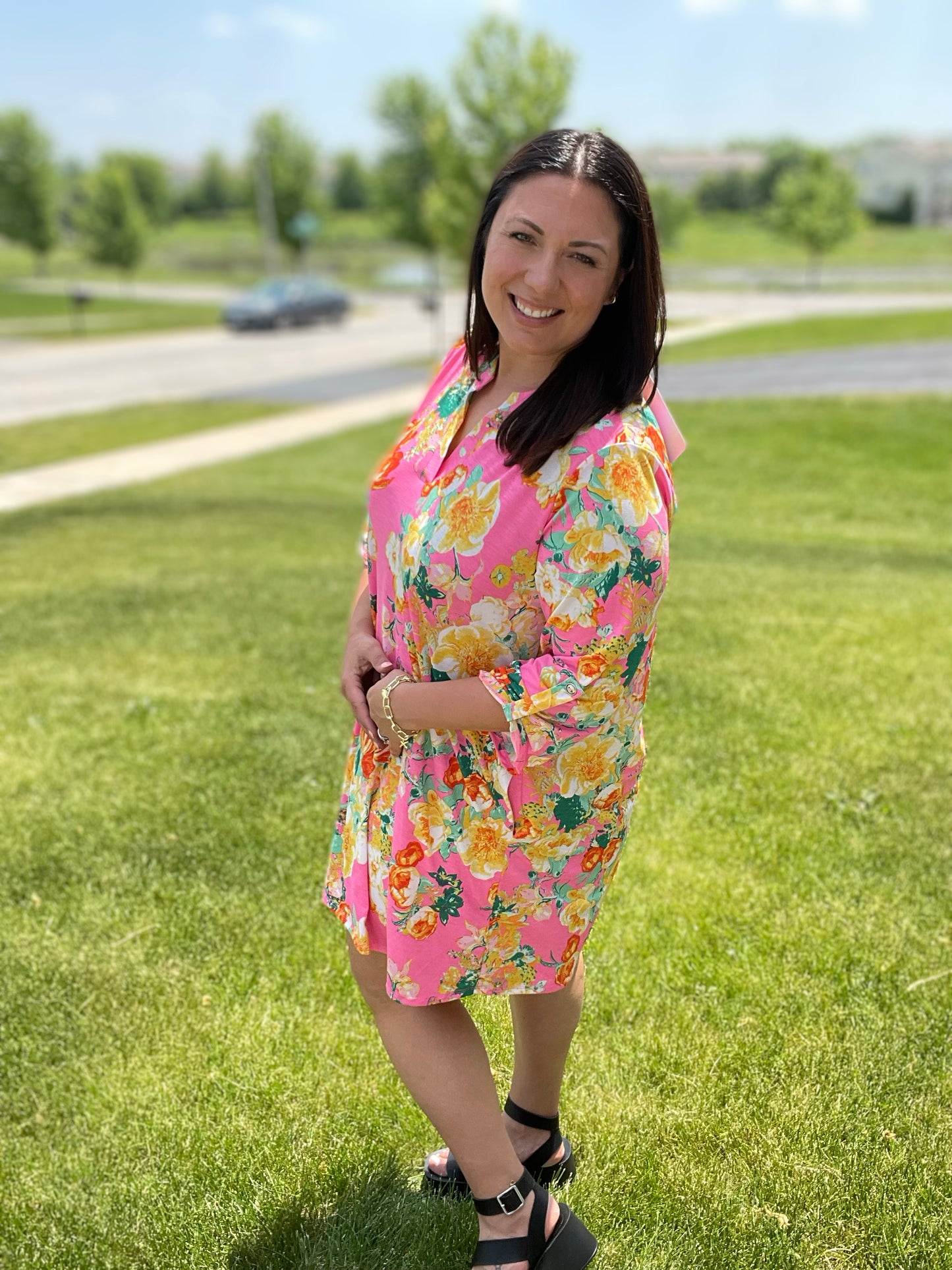 Lizzy Dress in Hot Pink and Yellow Floral