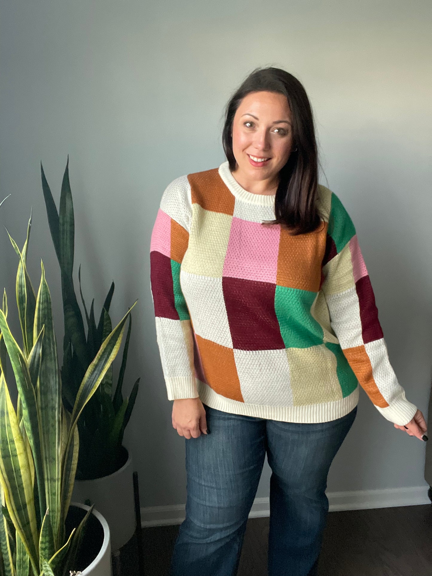 Adorable Multicolor Checker Jacquard Knit Sweater