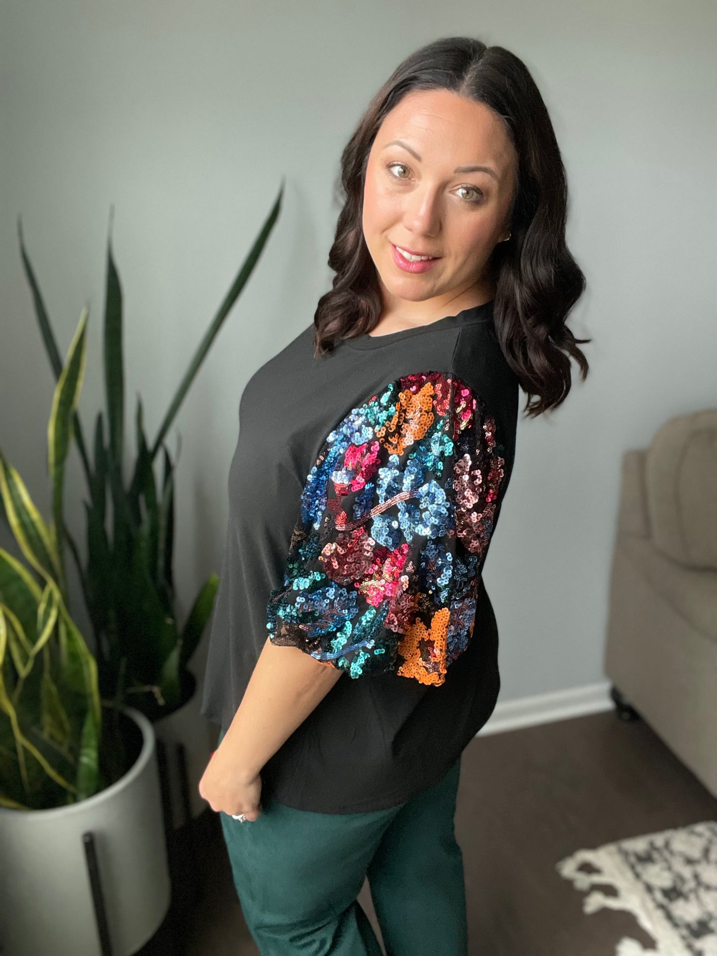 Glam Time Black Sequin Floral Puff Sleeve Top