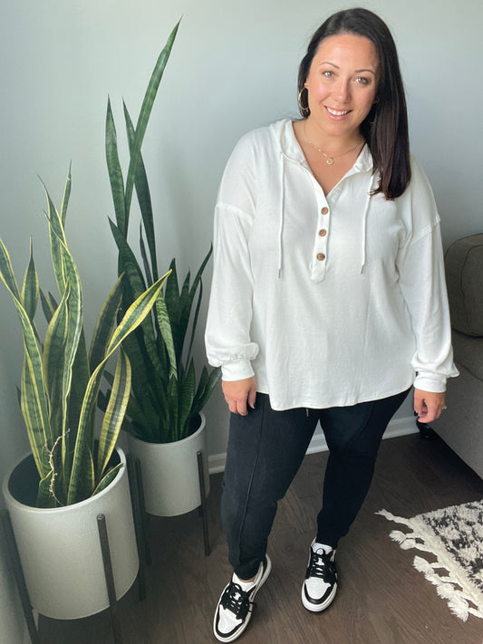 Happier Now Henley Hoodie in Ivory