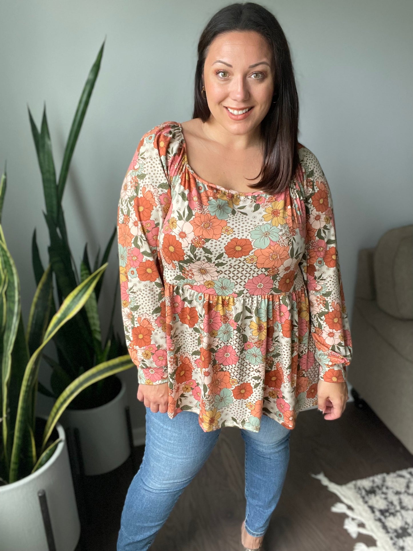 Retro Fall Florals Babydoll Top