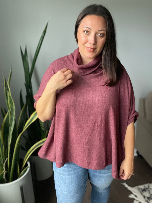 Handkerchief Cowl Neck Poncho in Burgundy