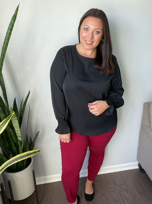 Smocked Long Sleeve Blouse in Black