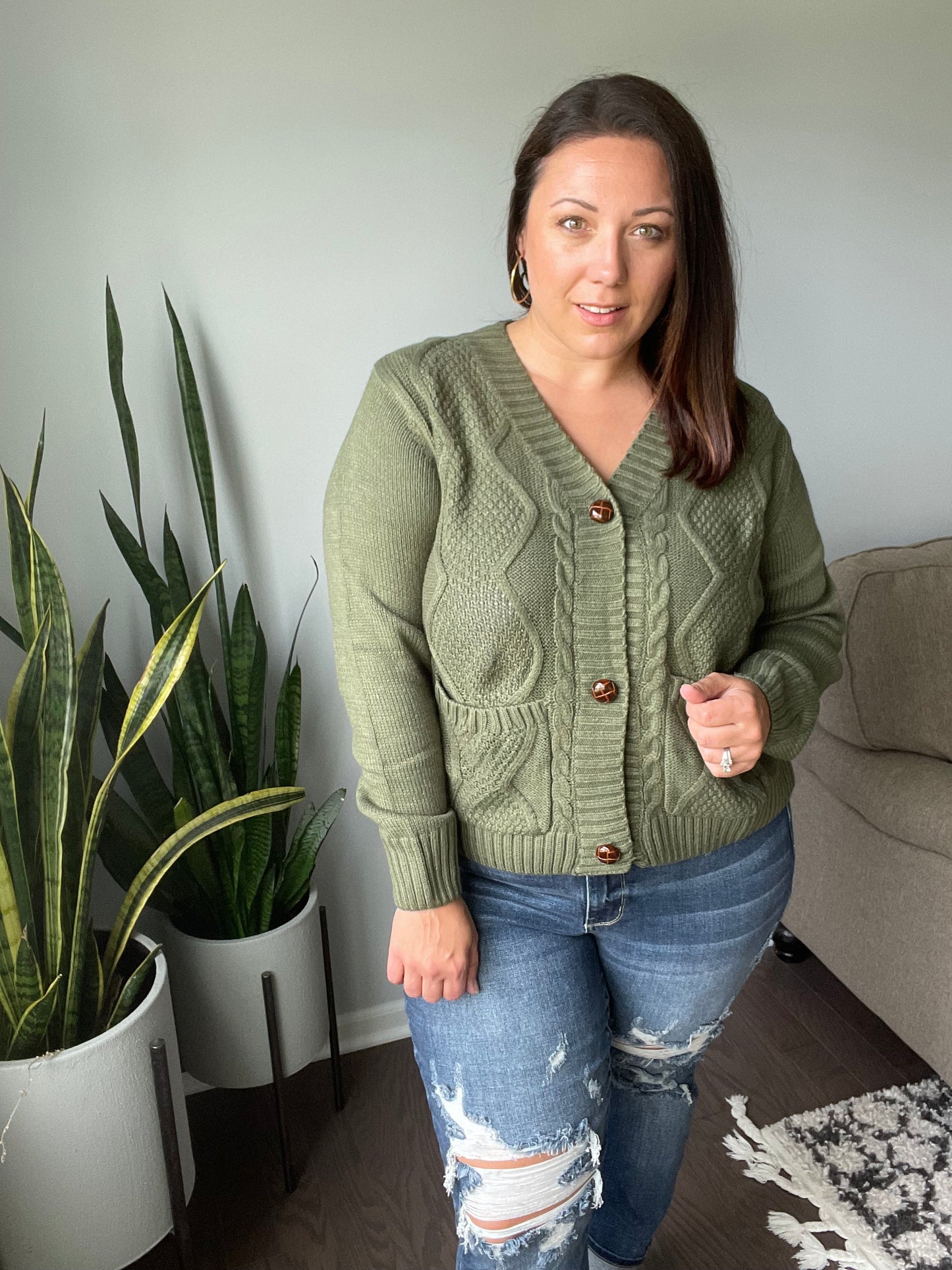 Climbing Vine Cable Knit Cardigan in Green