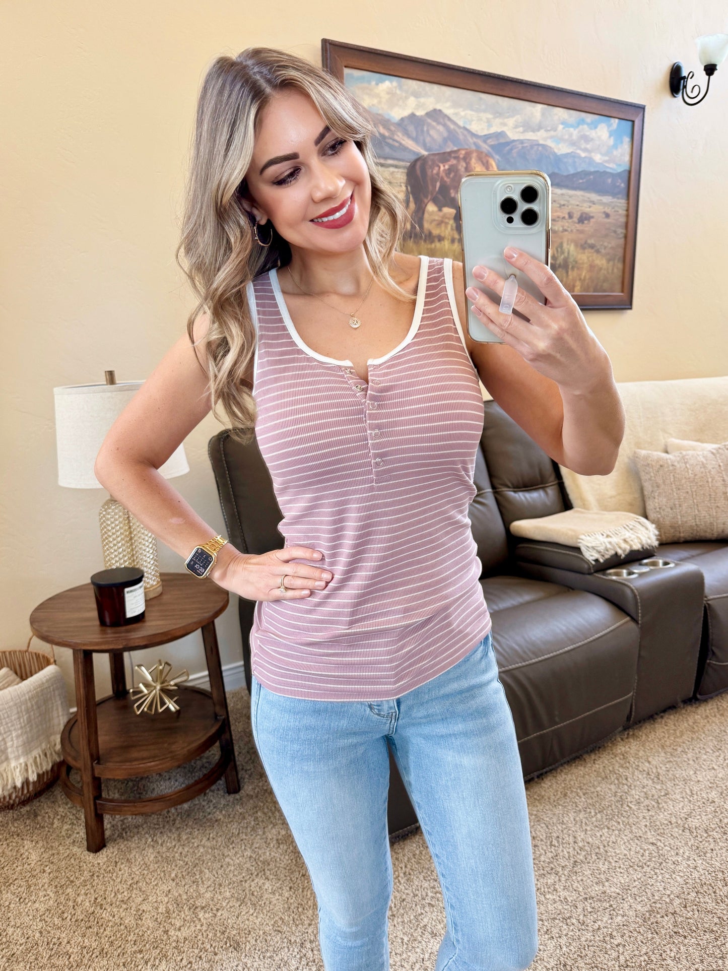 Michelle Mae Shiloh Button Snap Tank - Dusty Rose