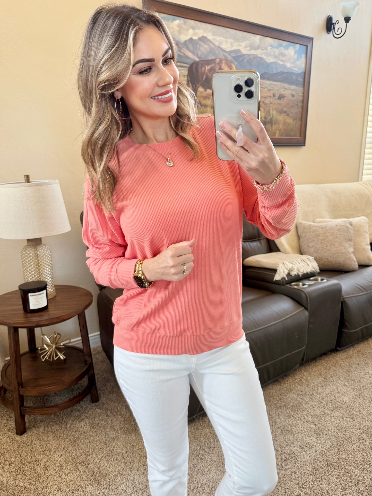 Michelle Mae Corrine Ribbed Pullover Top - Coral