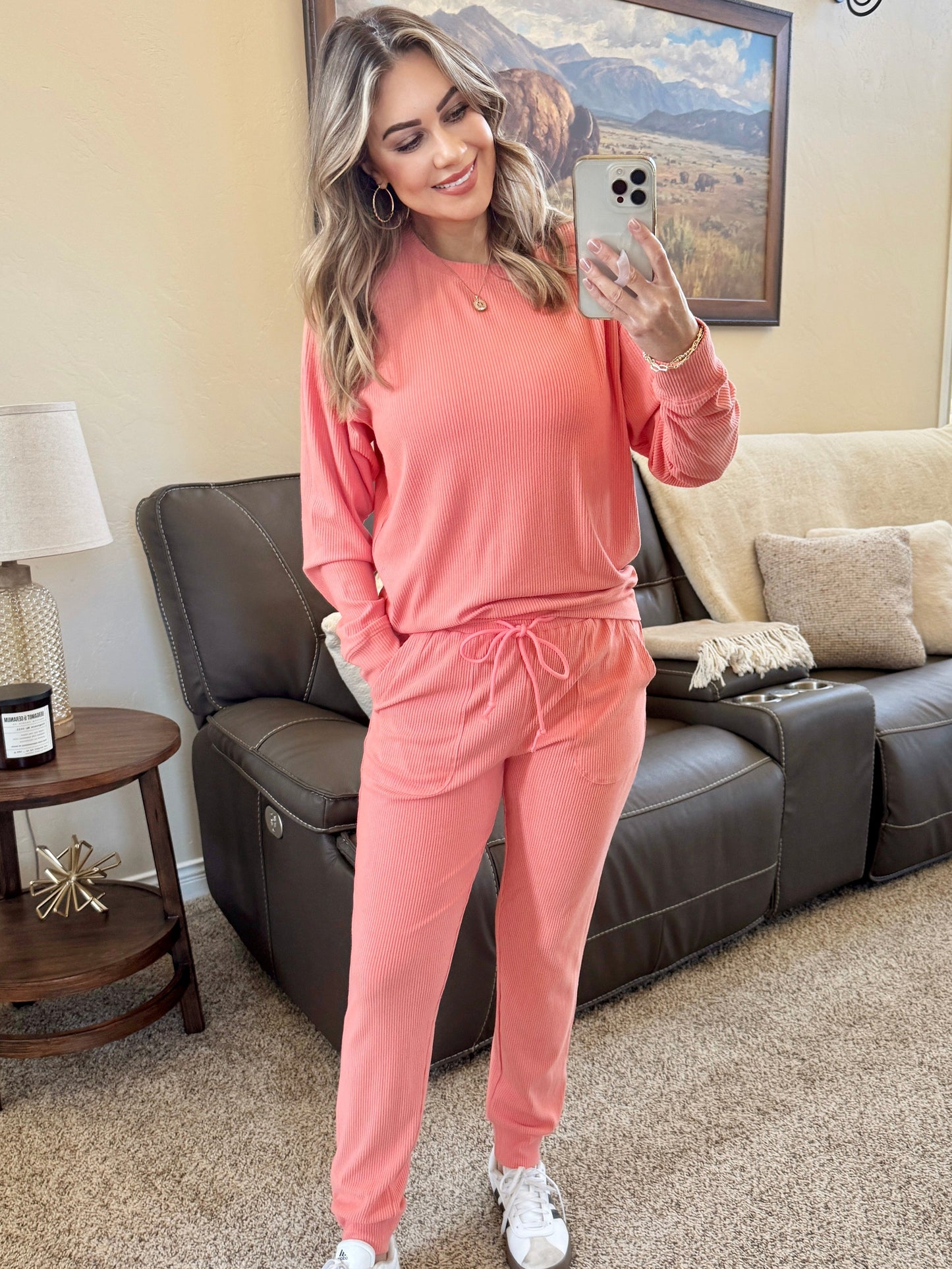 Michelle Mae Corrine Ribbed Pullover Top - Coral