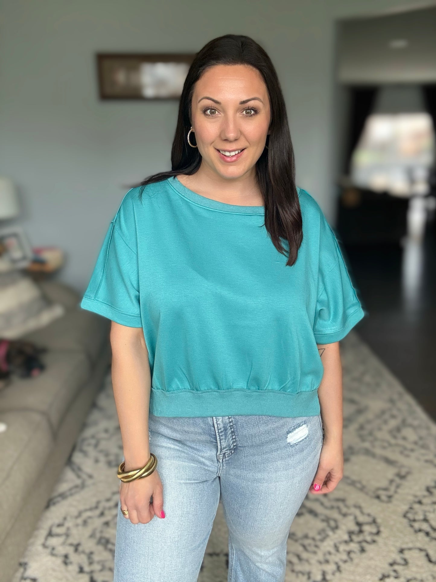 Umgee Magic Scuba Cropped Sweatshirt in Turquoise