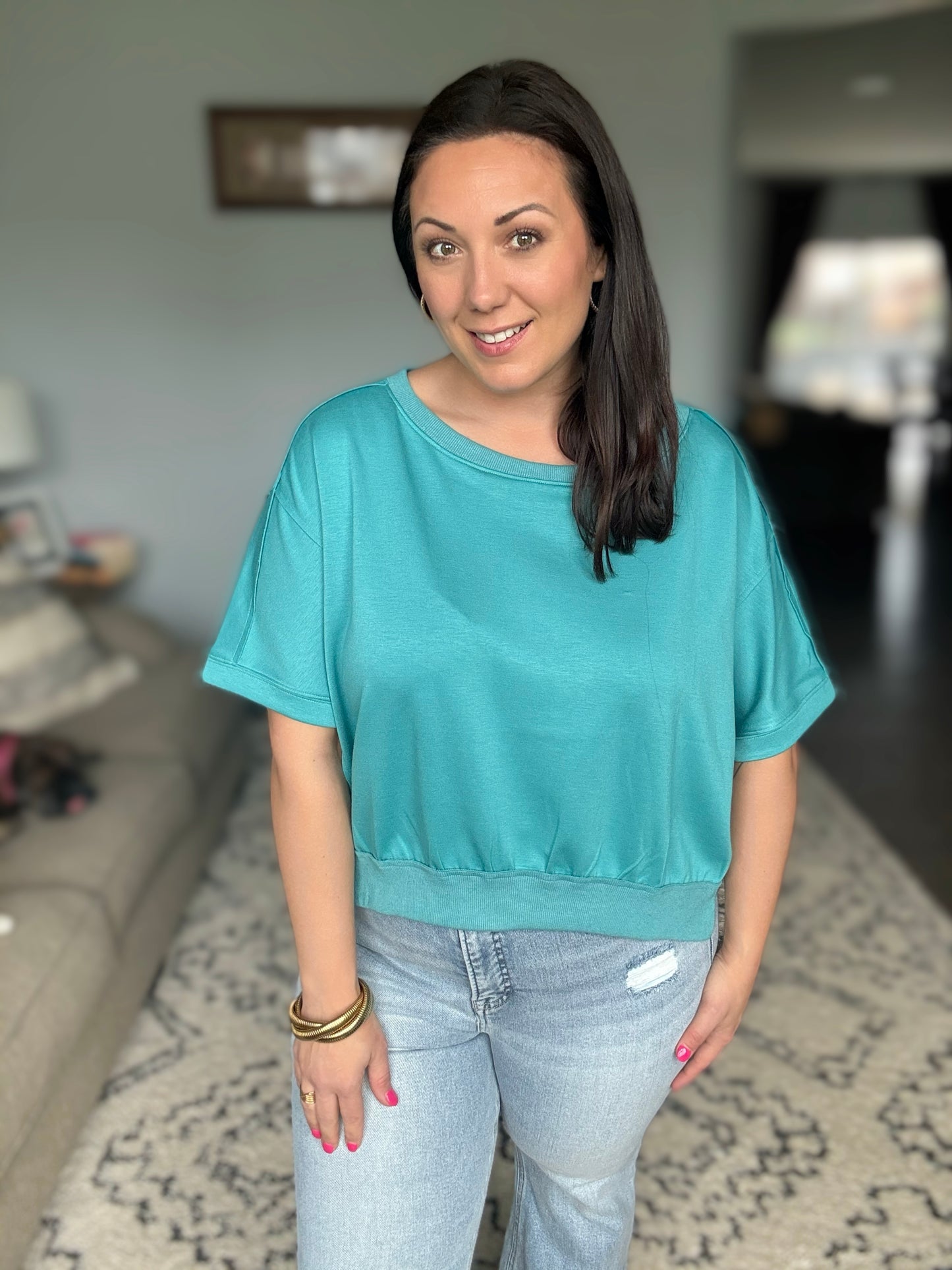 Umgee Magic Scuba Cropped Sweatshirt in Turquoise
