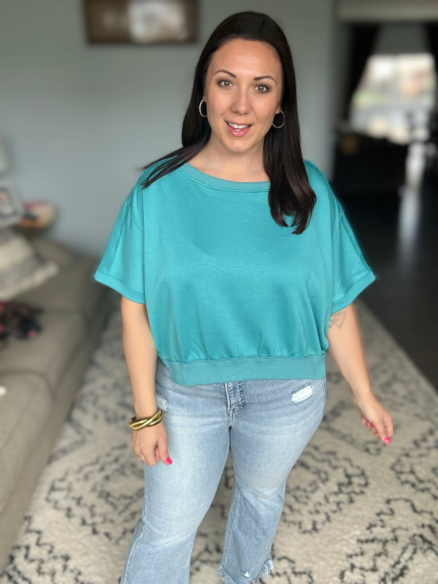 Umgee Magic Scuba Cropped Sweatshirt in Turquoise