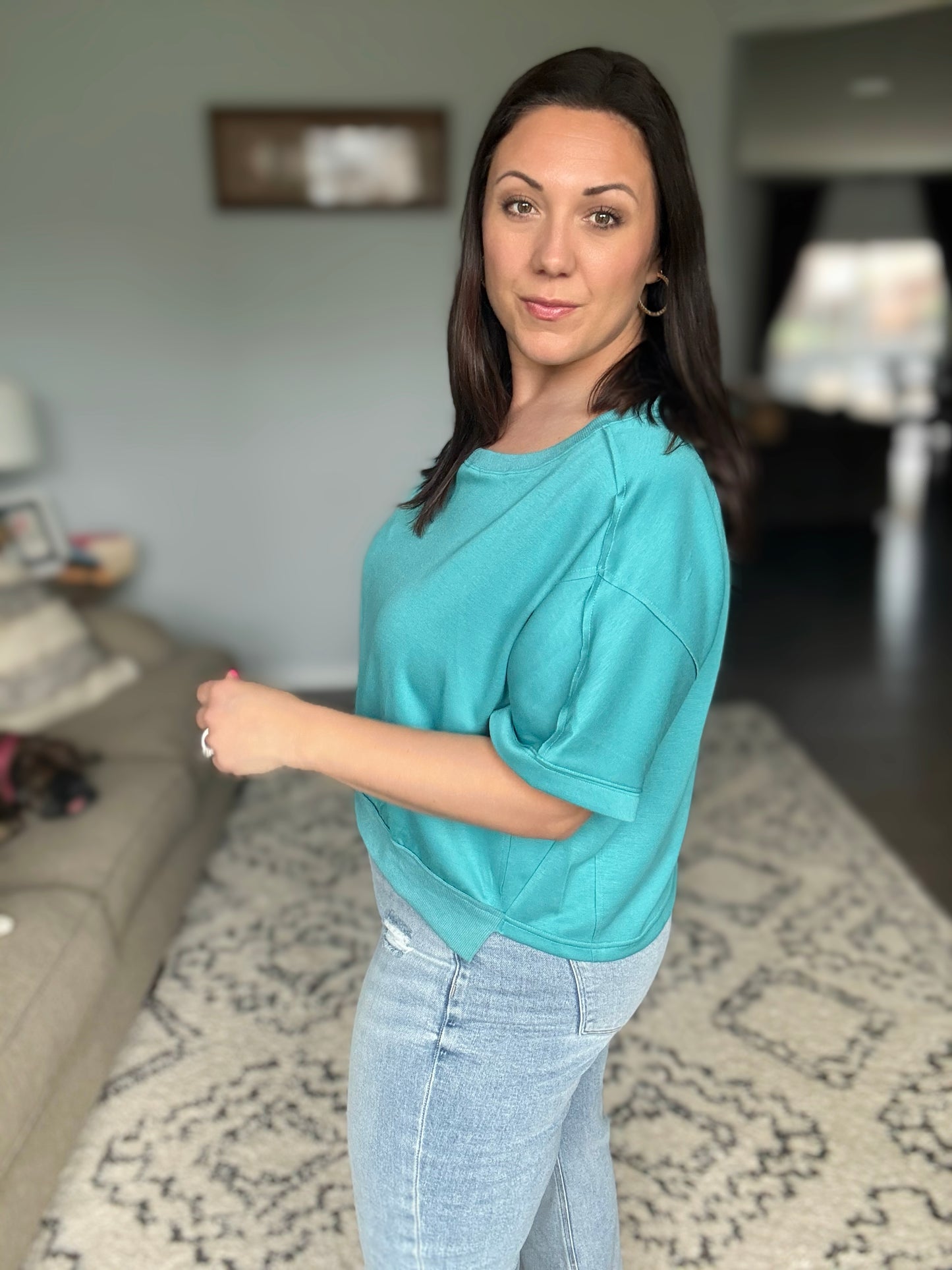 Umgee Magic Scuba Cropped Sweatshirt in Turquoise