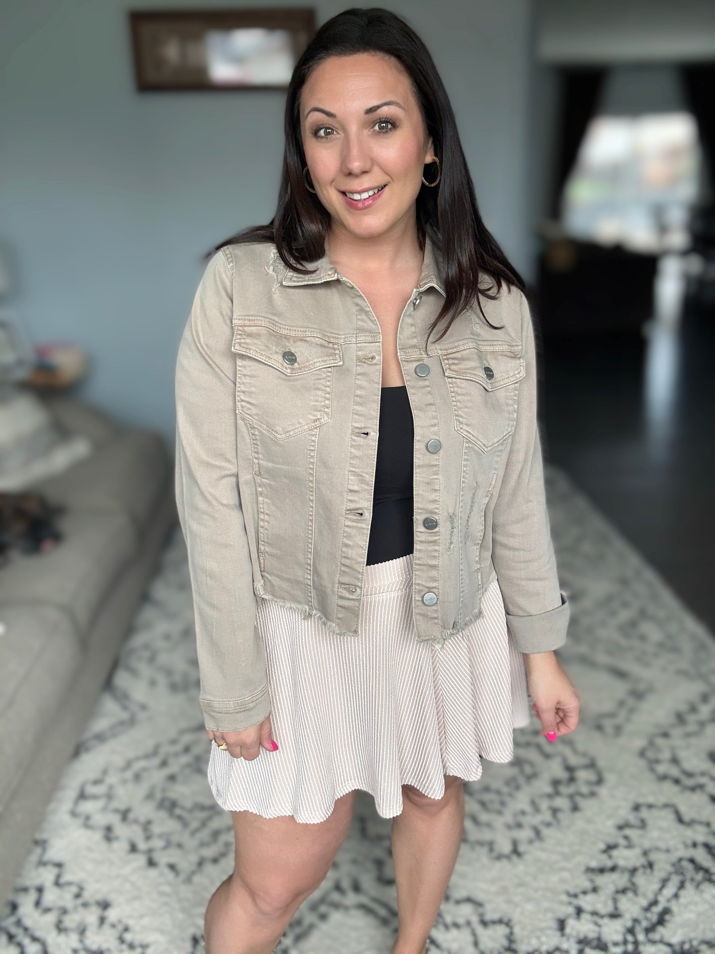 RISEN Raw Hem Cropped Distressed Denim Jacket in Tan