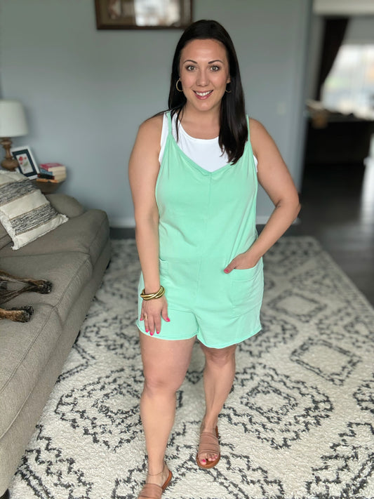 BiBi Vintage Washed V-Neck Romper with Pockets