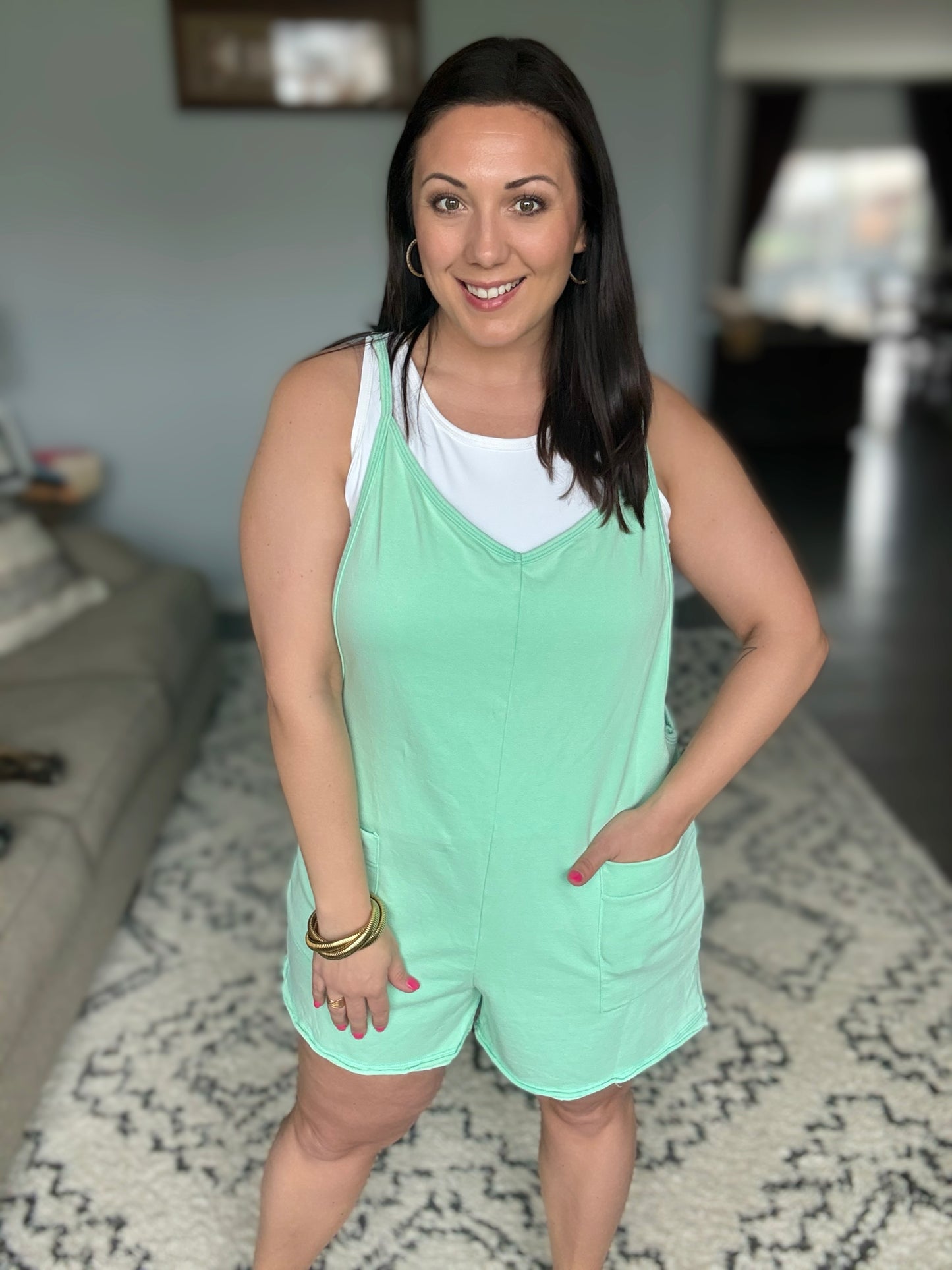 BiBi Vintage Washed V-Neck Romper with Pockets