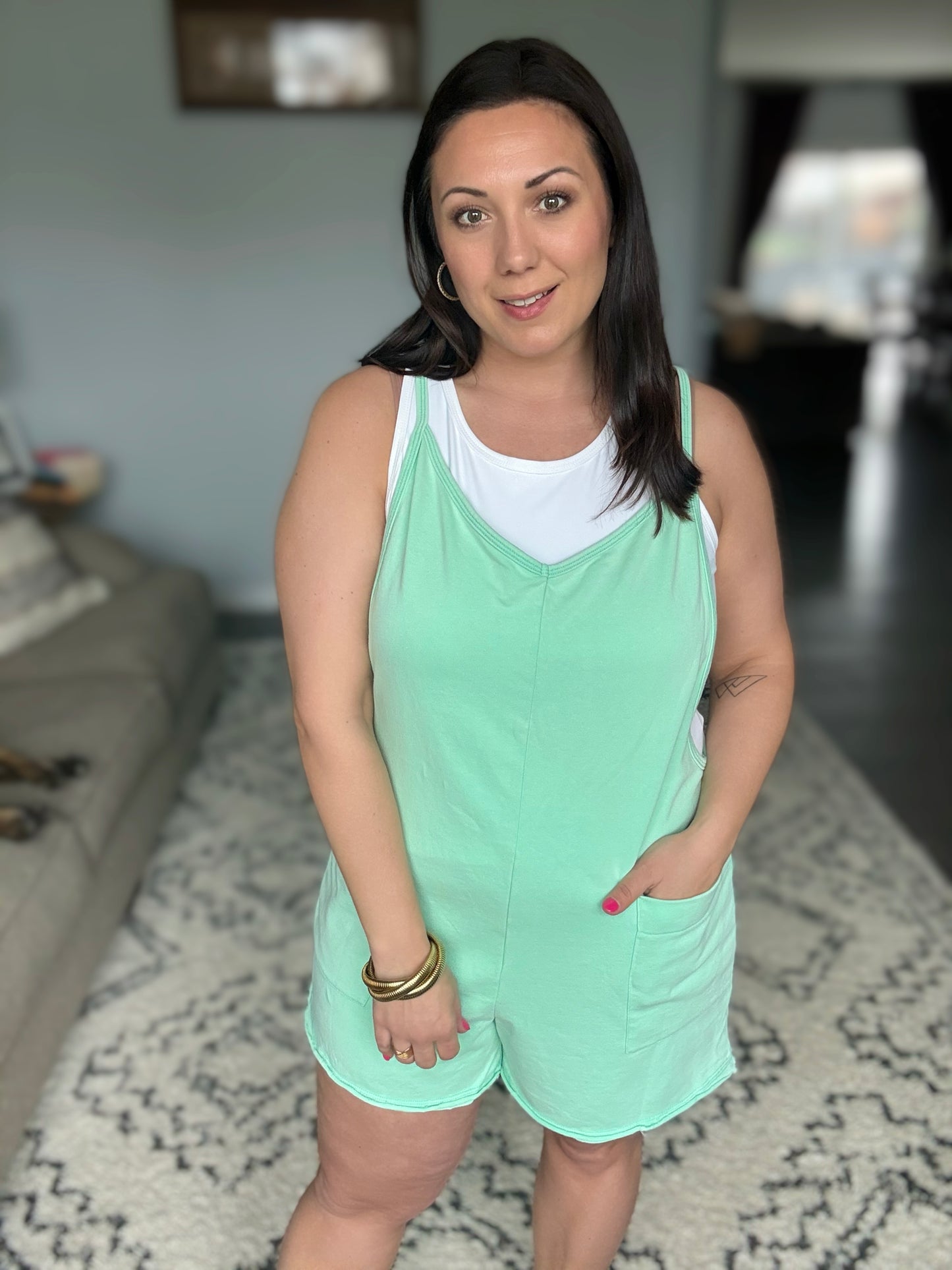 BiBi Vintage Washed V-Neck Romper with Pockets